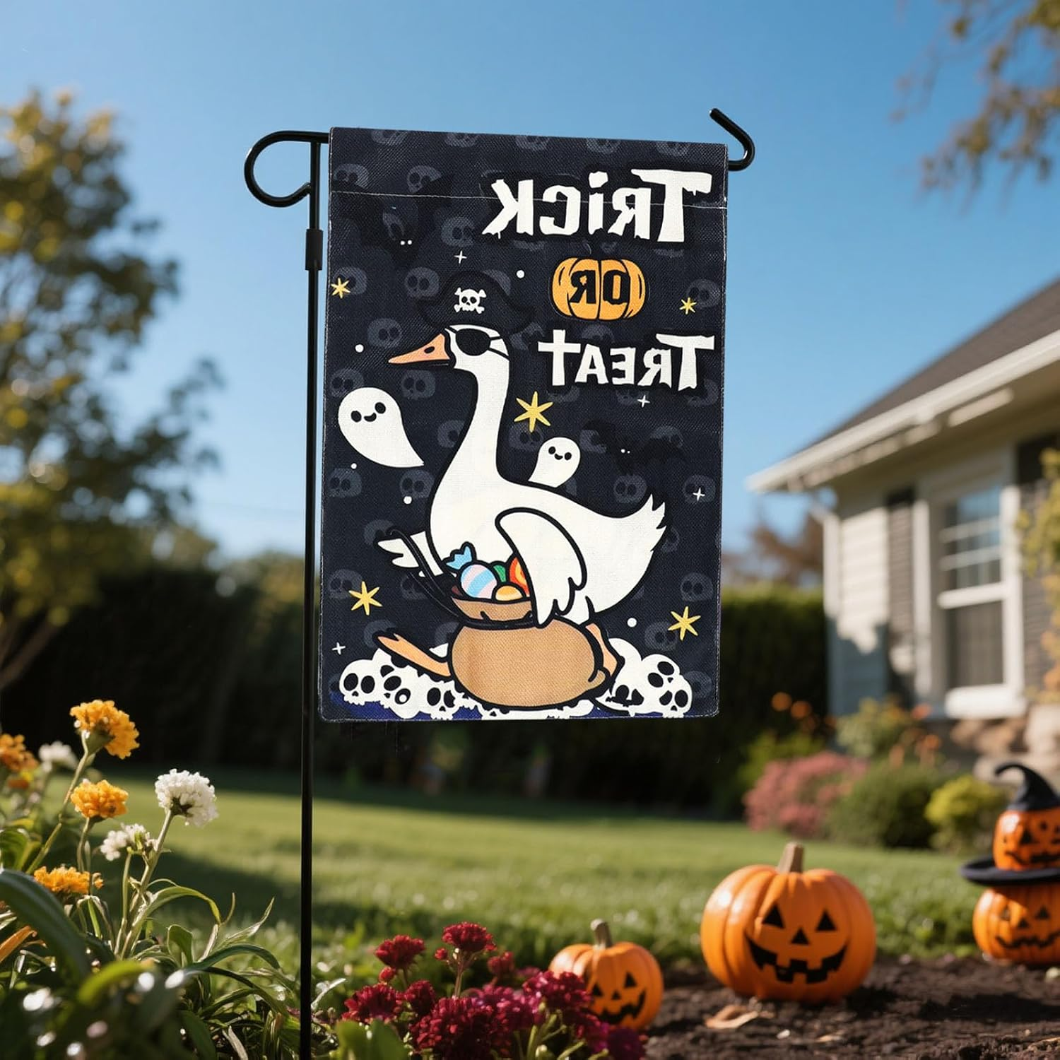 Halloween Garden Flag, 12X18 Inch Funny Trick-Or-Treat Halloween Goose Flag Colorful Double Sided Garden Decorations for Party Holiday Outdoor Yard Home Decor image number 4