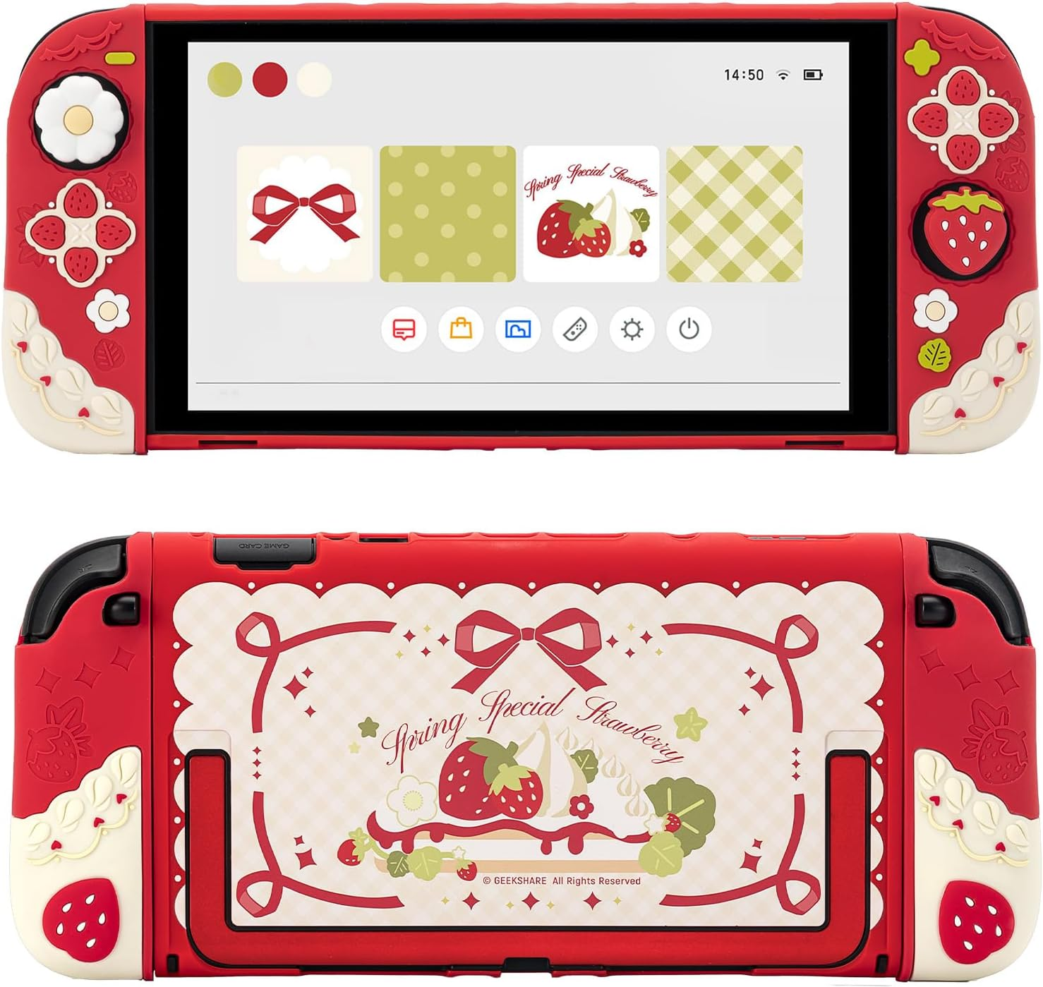 Geekshare Strawberry Protective Case Compatible with Switch 2, Slim Separable Soft Silicone Cover Shell with 2 Thumb Grip Caps for Switch 2025 Game Console & Joystick (Pink)