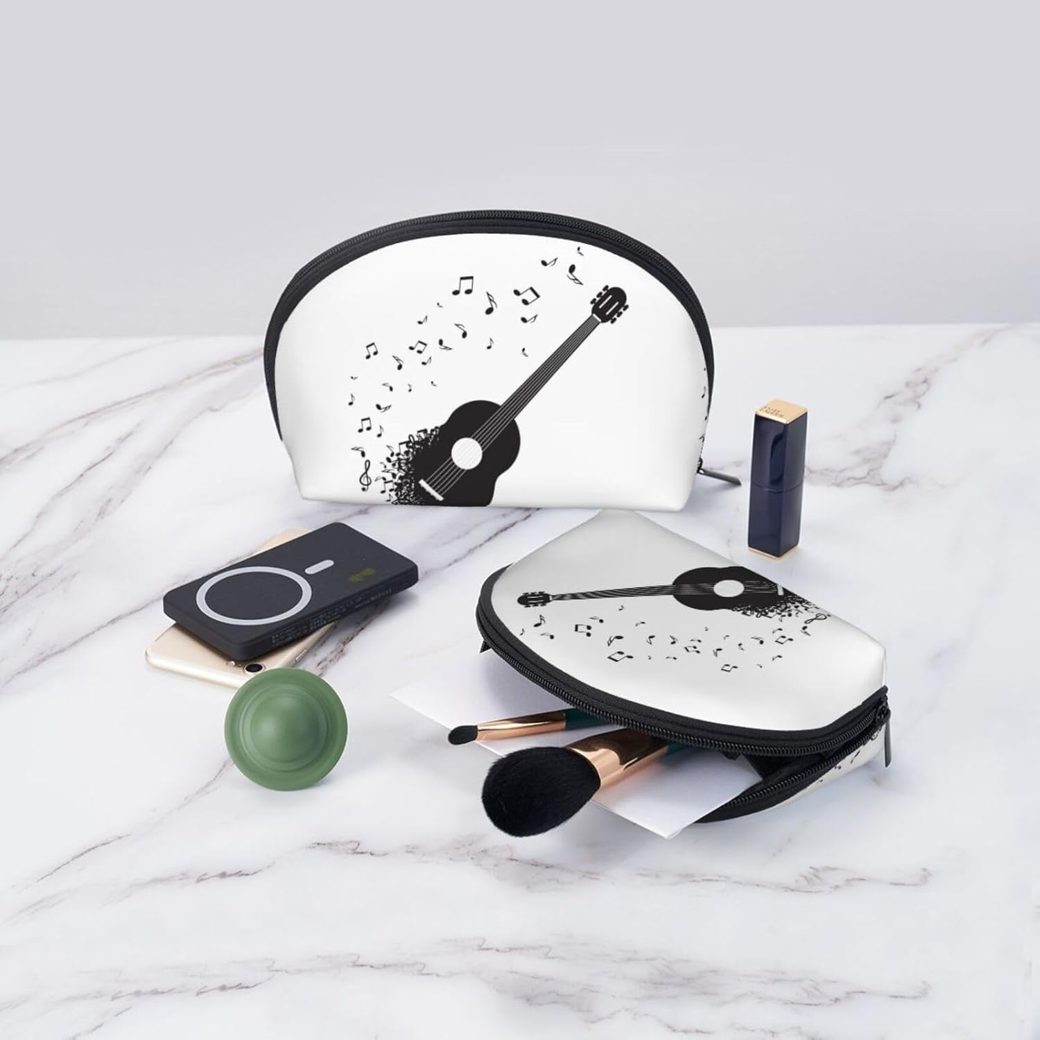 Cozimangoe Coin Pouch Makeup Bags Set, 2 Piece Shell Shape Cosmetic Bag with Pockets for Daily Travel Handbag Lipstick Keys Toiletry, Personalized Acoustic Guitar