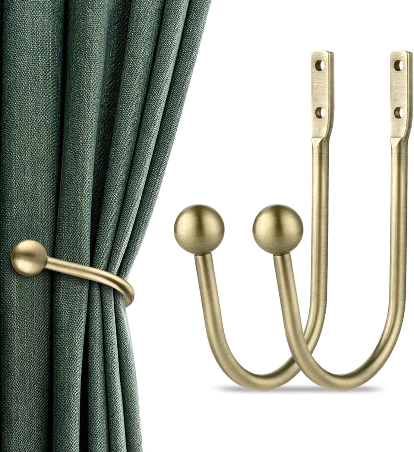 Curtain Holdbacks, 2Pcs Curtains Holder Wall Mounted Drapery Tiebacks Retro Window Hook for Home Decor, Antique Brass