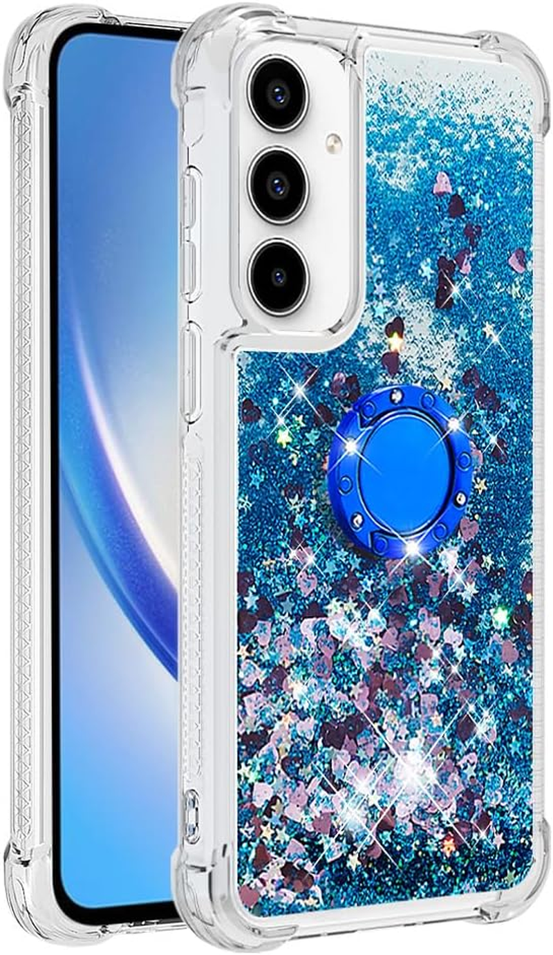 QIWEIQING Case for Samsung Galaxy A55 5G Protective Case with Liquid Glitter, Mobile Phone Case with Glitter Liquid, TPU Silicone with Ring Stand Protective Case for Samsung A55 5G. Blue YBH