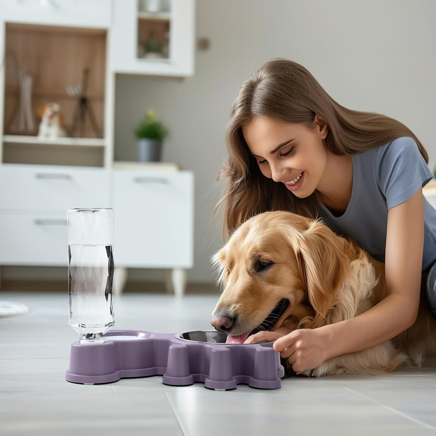 Cat Feeding Bowl with Automatic Water Bottle, Non-Slip Cat Bowl Set, 2 in 1 Cat Food Bowls with Mat for Small and Medium Dogs and Cats, 32 X 20.5 X 5.5 Cm image number 4