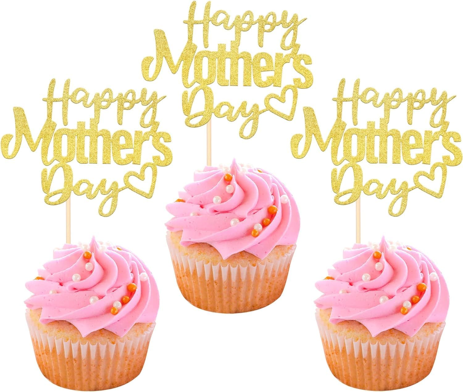 24 Pack Happy Mother'S Day Cupcake Toppers Glitter Hollow Heart Love Mother Best Mom Cupcake Food Picks Women Birthday Happy Mother'S Day Theme Party Cake Decorations Supplies Rosegold (#1)