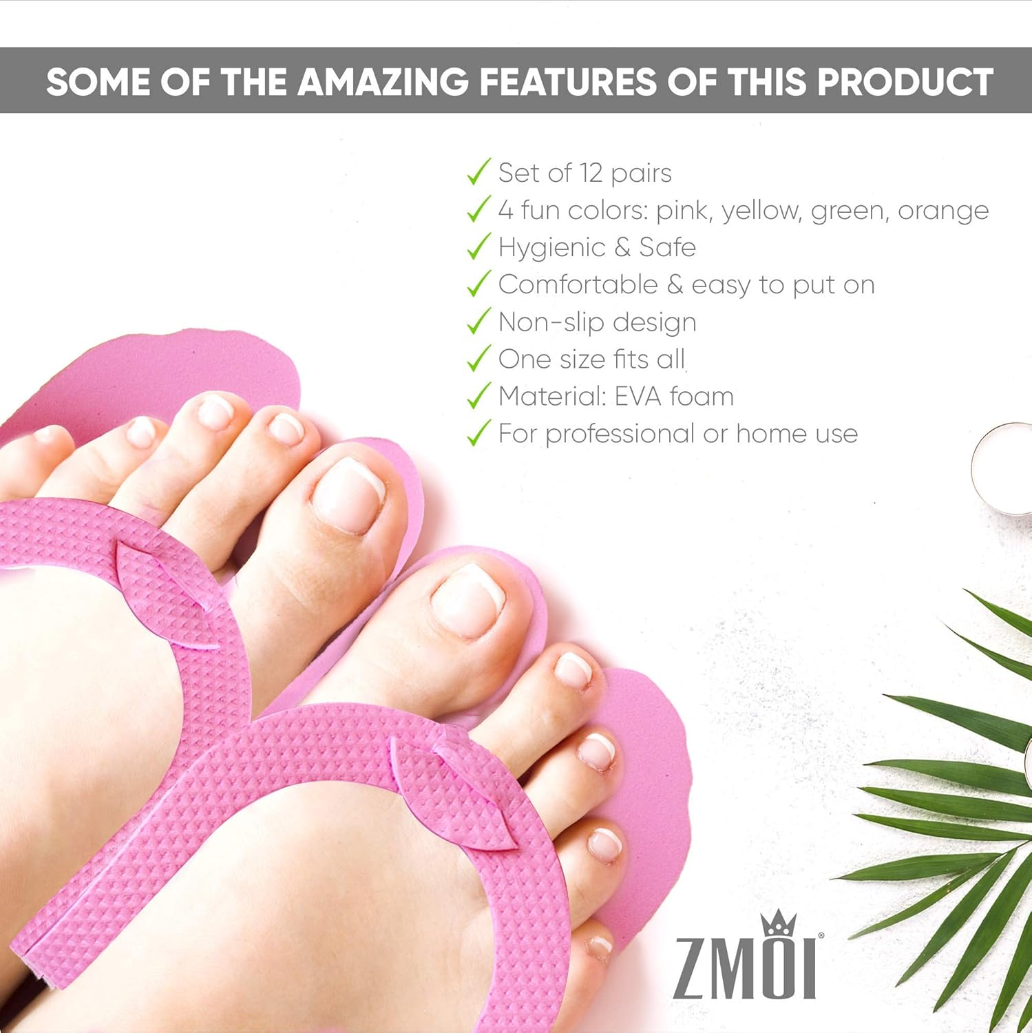 ZMOI 12 Pairs Disposable Pedicure Slippers &ndash; Anti-Slip EVA Foam One Size Fits All Flip Flops for Pedicure &ndash; Comfortable and Safe &ndash; 4 Fun Colors &ndash; Ideal for Spa, Nail Salon, Multi, One Size image number 5