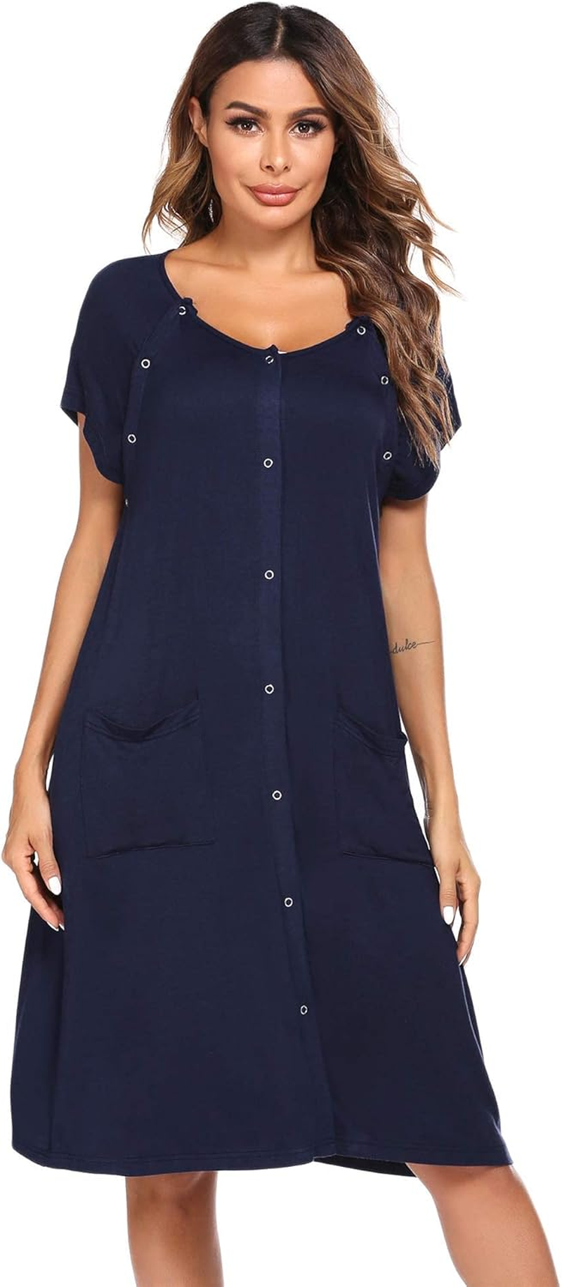 Ekouaer 3 in 1 Nursing Dress Maternity Nightgown Labor/Delivery Breastfeeding Birthing Gown with Button image number 2