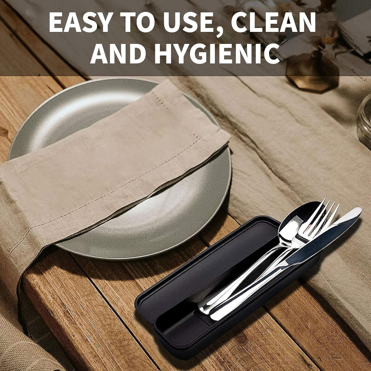 Rhoyee 3PCS Portable Stainless Steel Cutlery Set with Case &ndash; Reusable Silverware for Work, School, Travel &ndash; Fork, Spoon & Knife for Adults & Students image number 2