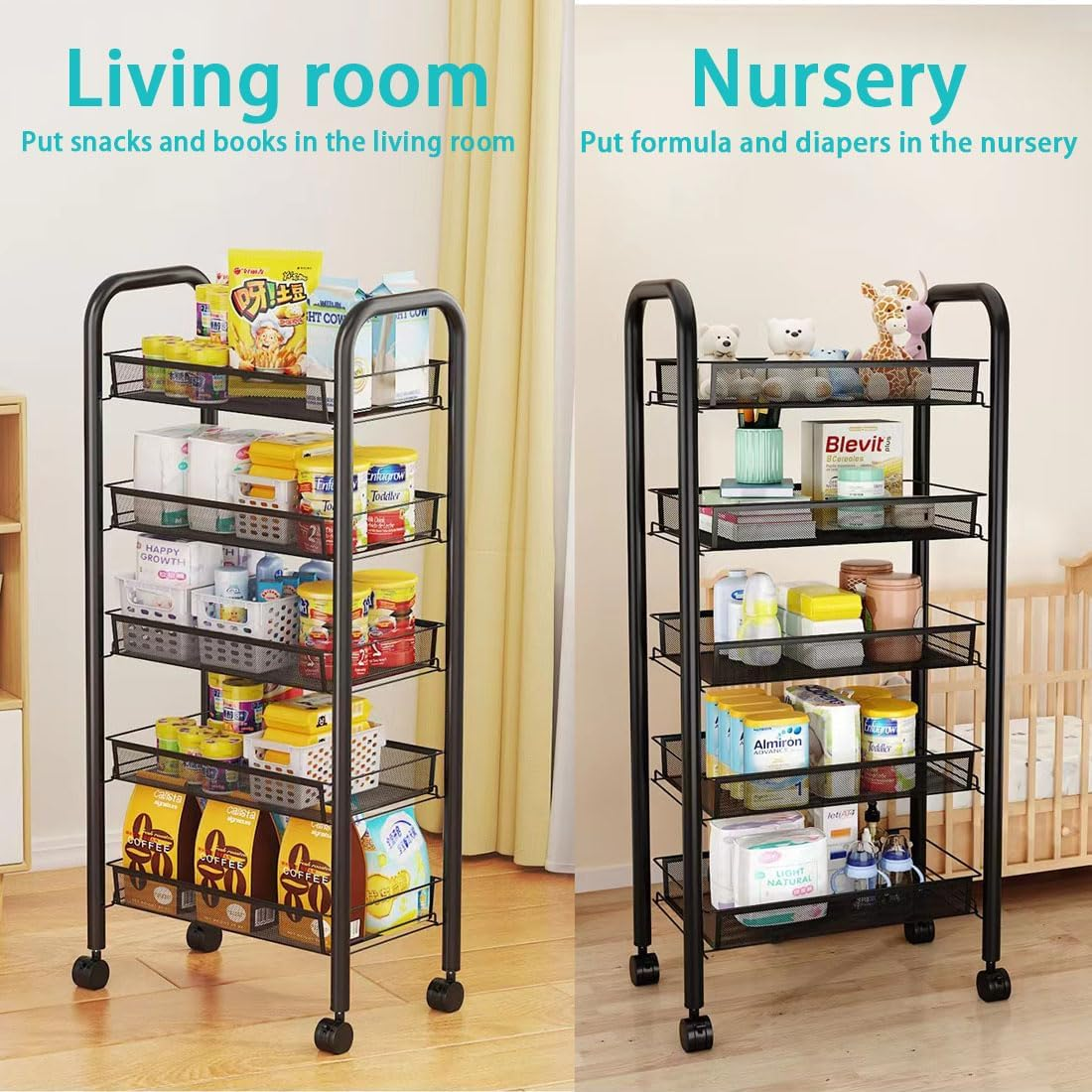 Heavy-Duty Rolling Kitchen Cart - 5-Tier Storage Shelves for Coffee Bar, Microwave & Small Space Organization (Black)