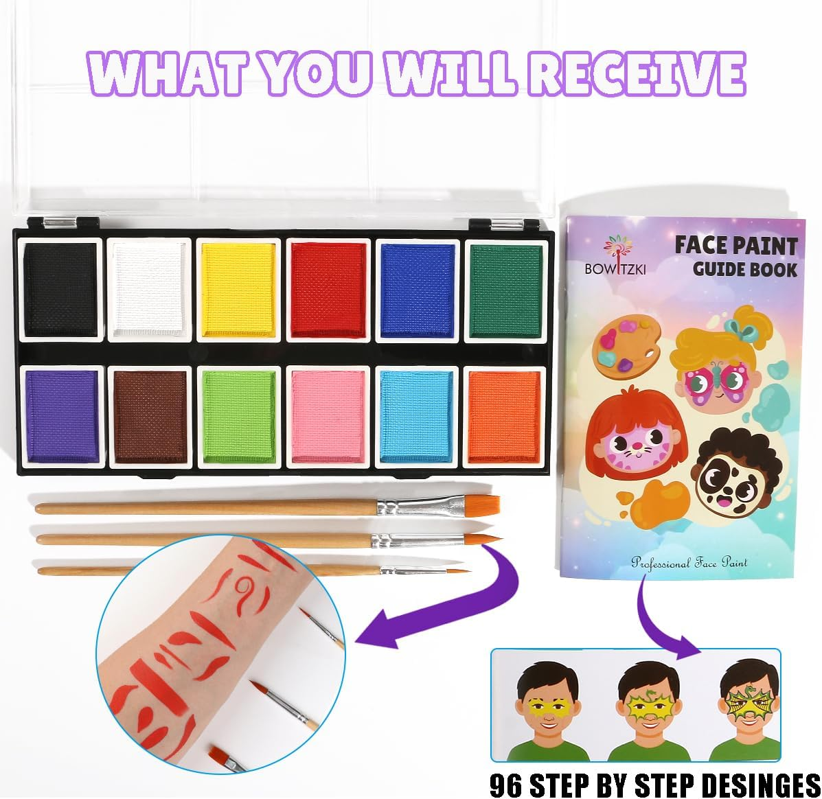 Professional Face Paint Kit, Bowitzki 12 Colors Non Toxic Hypoallergenic Water Based FDA Compliant Halloween Makeup Body Face Painting Colors image number 4