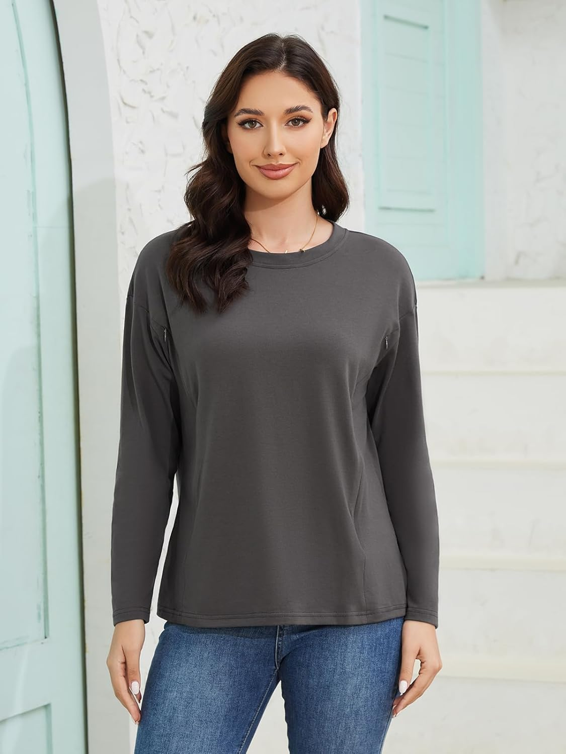 Ecavus Women&rsquo;S Zip Maternity Nursing Tops for Breastfeeding Long Sleeves Casual Nursing Shirts Pregnancy Mama Clothes image number 6