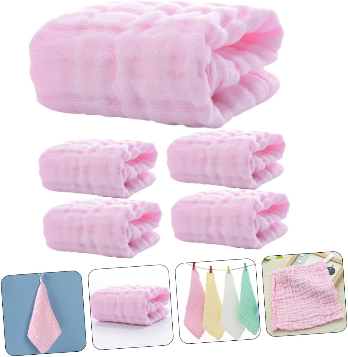 5Pcs Baby Muslin Washcloths for Infants Soft and Absorbent Face Towels Pink for Burping and Drooling image number 6