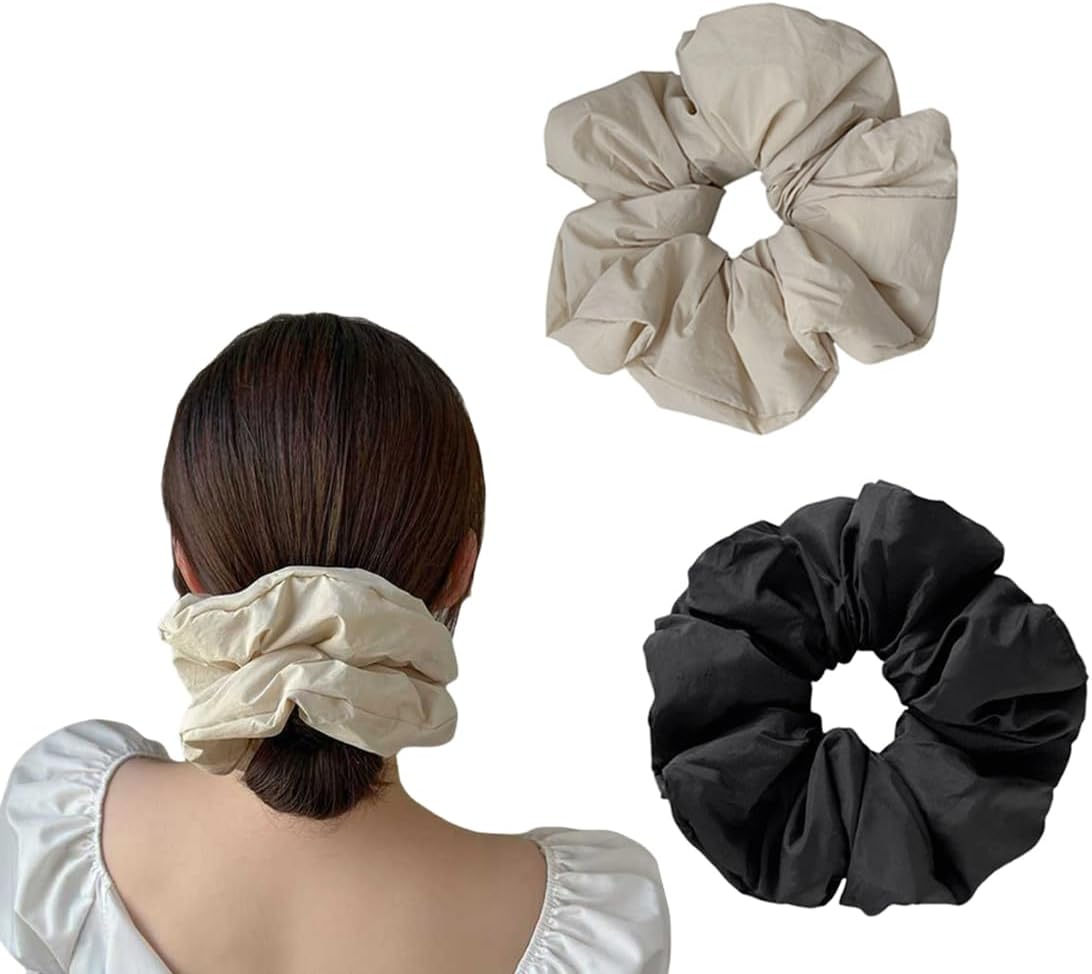 2 Pcs 7 Inch Fluffy Big Scrunchies Large Hair Ties Oversized Hair Scrunchies Hair Elastics Ponytail Holder Bands for Women Girls(Black and Beige) image number 5