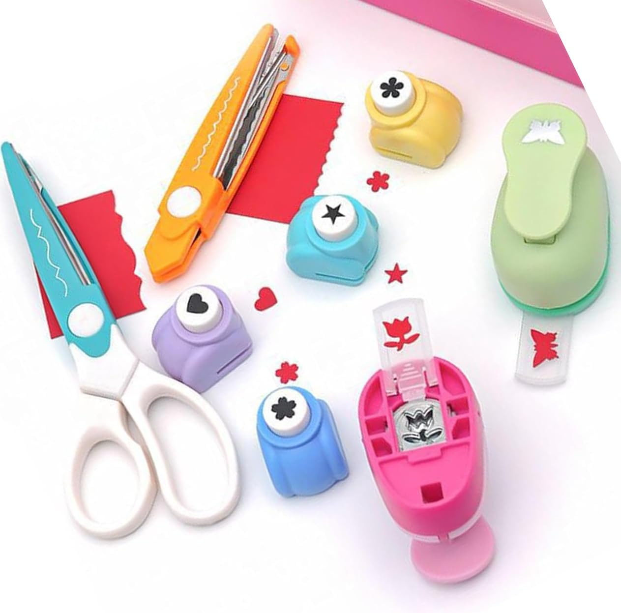 Yeanifeana Creative Kids DIY Puncher Craft Set, Kids DIY Craft Hole Punch Shapes Set, Leaf, Butterfly, Star, Heart, Flower Punch Cutters (Pink) image number 3