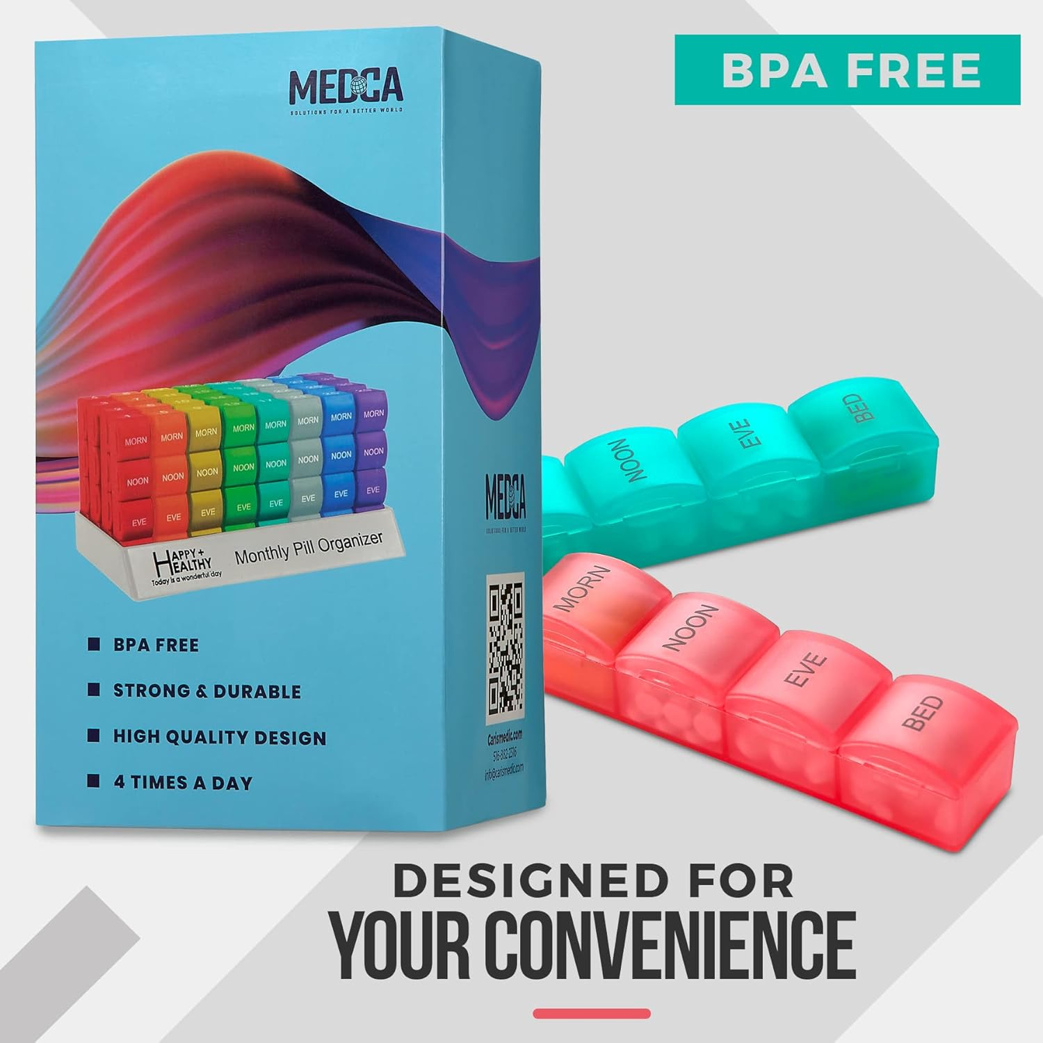 Month Pill Box Organizer - 4 Times-A-Day Morning-Noon-Evening-Night - Large 32 Daily Pill Cases with Compartments for Vitamins, Supplements, Medication -Travel Monthly Pill Organizer, Rainbow image number 2