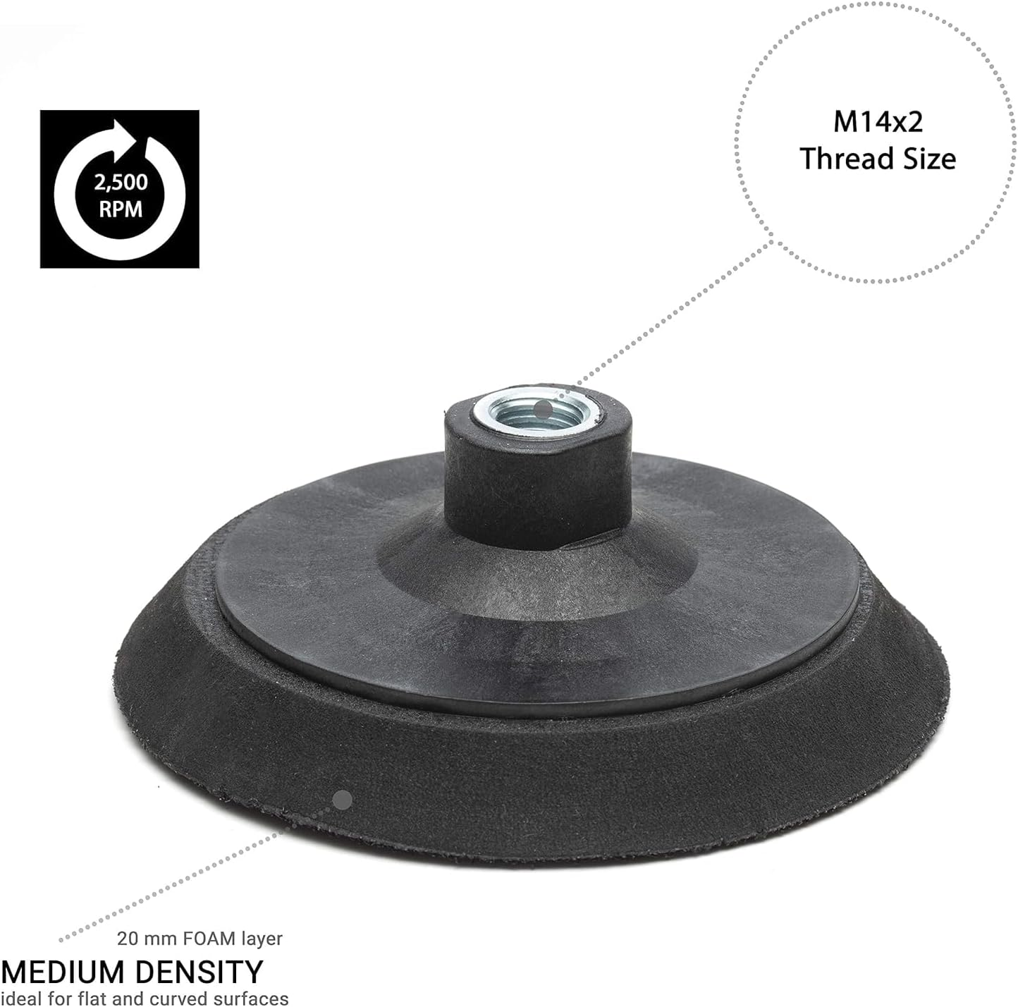 Glass Polish (125Mm) Medium Density Foam Backing Pad with M14X2 Thread for Rotary Polishing Machines - Hook and Loop Grip - GP12612