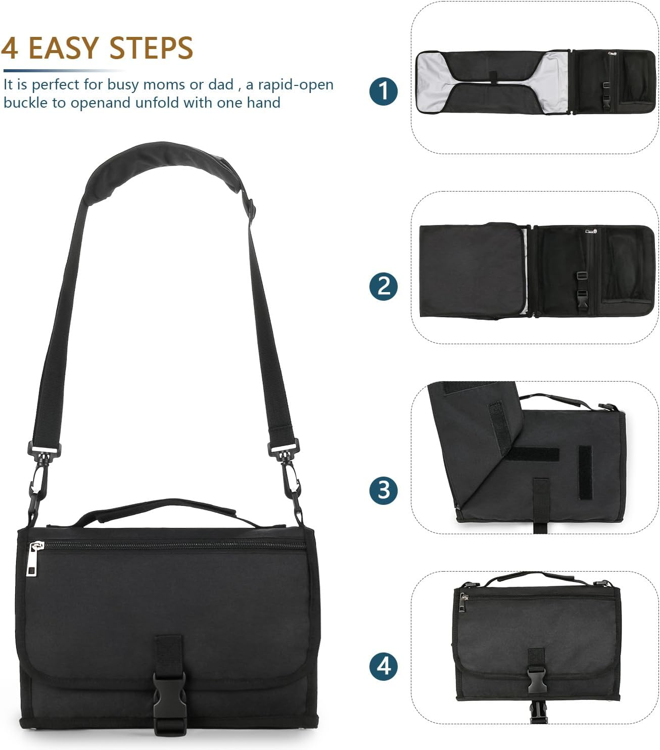 Bebamour Portable Nappy Changing Mats with Wipes Pocket Travel Baby Changing Pads with Head Cushion for Infants Waterproof Diaper Changing Pads Newborn Essentials, New Black image number 6