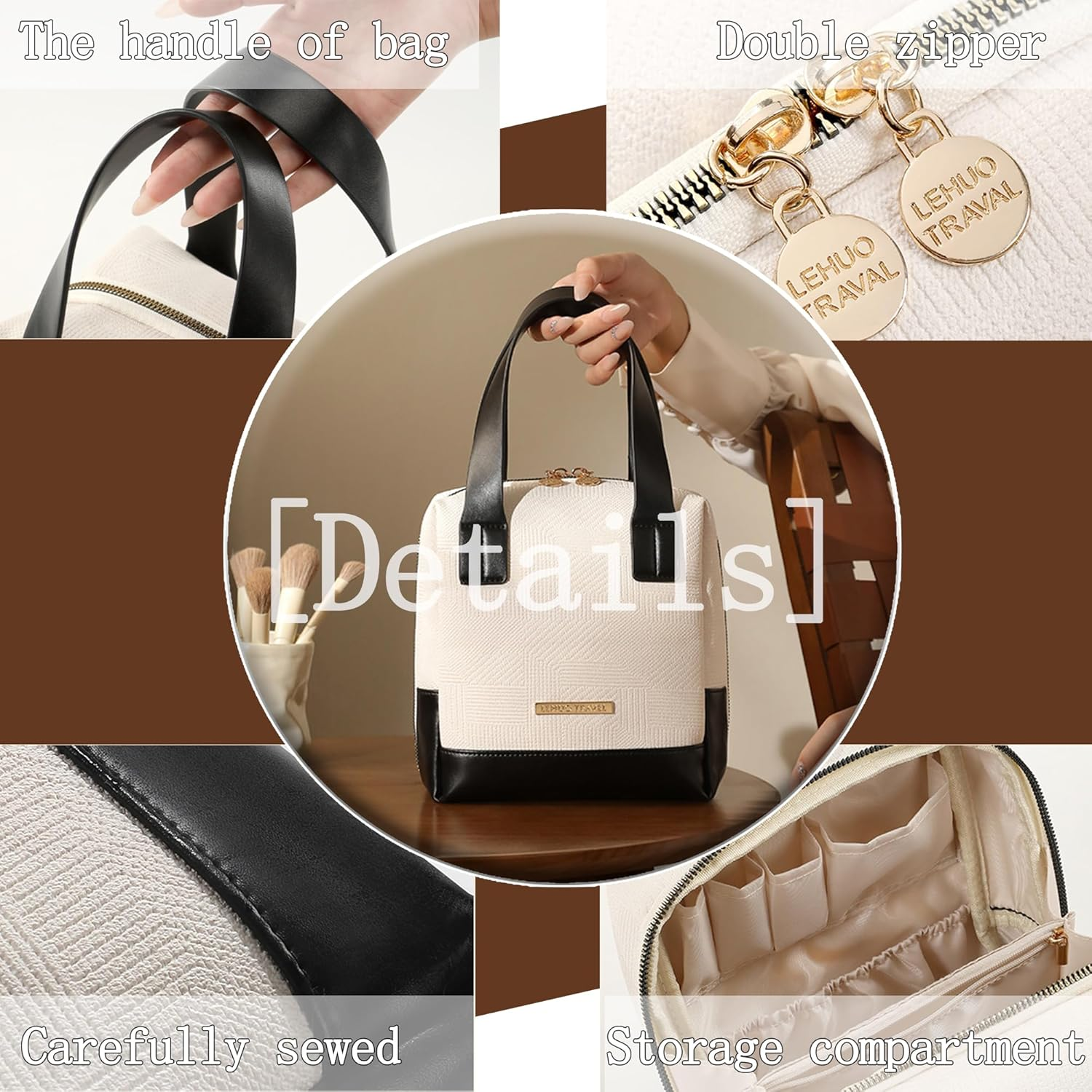 Sugar Cube Shaped Makeup Bag for Women Girls Travel - Waterproof PU Leather Cosmetic Organizer with Zipper/Wide Open Design/Toiletry Bag/Makeup Brushes&Nail Polish Storage（Embossed Texture） image number 6