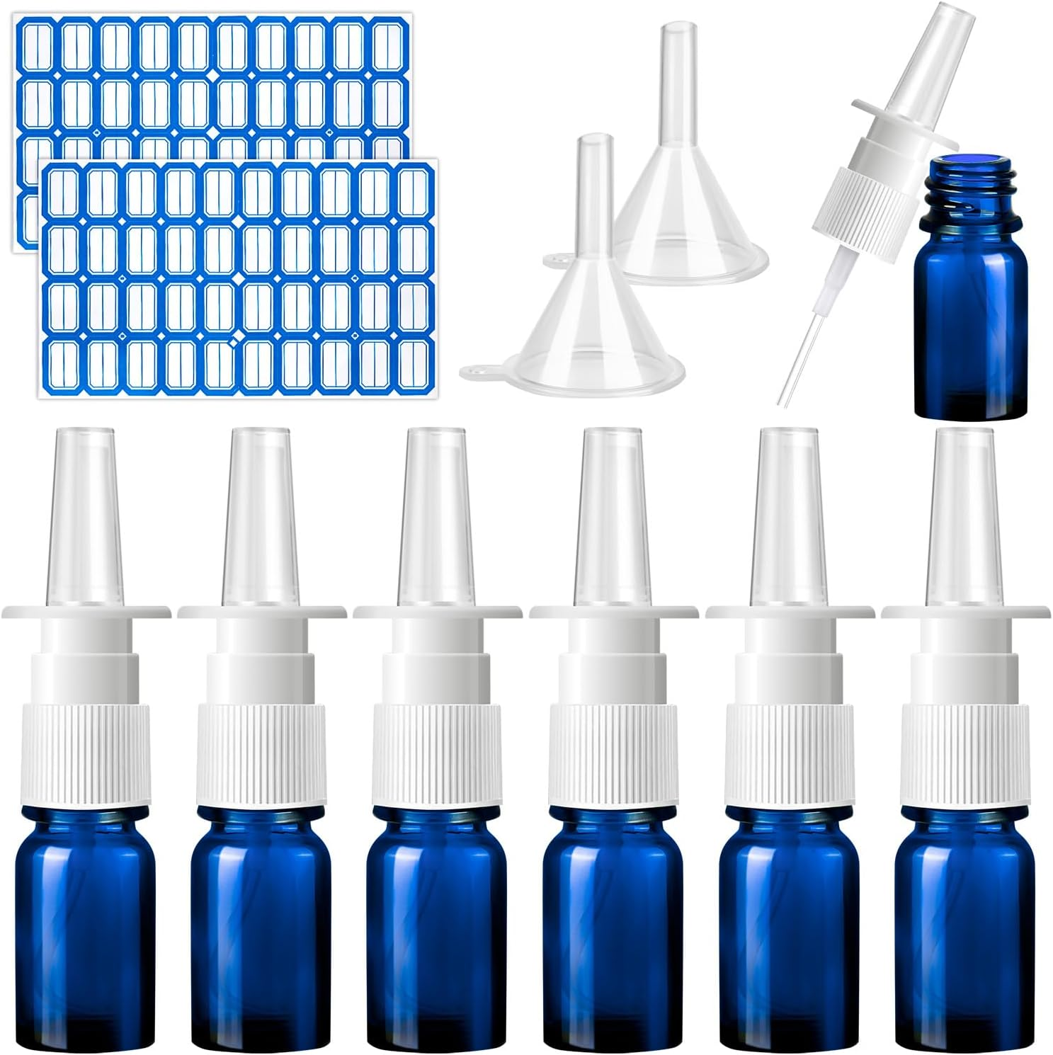 ZHWKMYP 10 Pcs Nasal Spray Bottle, 5ML/0.17OZ 6 Pcs Blue Fine Mist Glass Empty Refillable Nasal Spray Bottle with 2 Pcs Funnels and 2 Pcs Labels