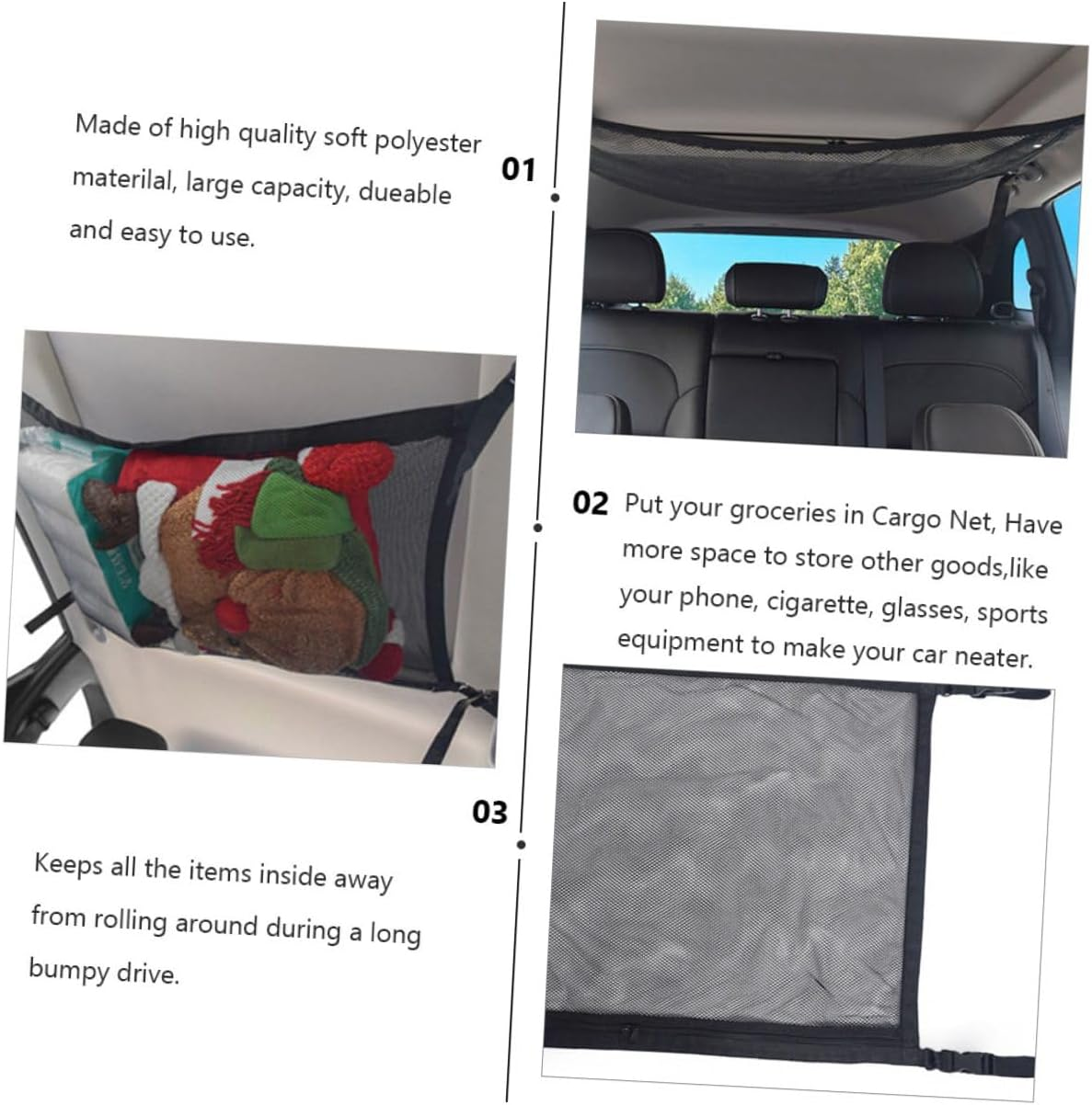 Car Roof Storage Bag Mesh Pouch Adjustable Straps Polyester Hanging Organizer for Car Interior Roof Easy Install Compact Space-Saving Storage image number 5