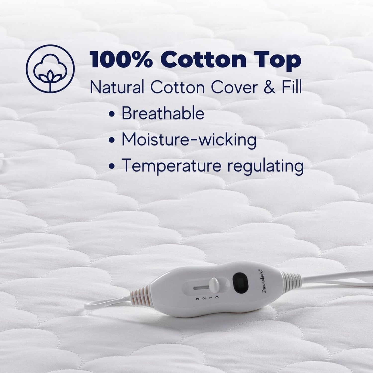Dreamaker 100% Cotton Filling and Natural Cotton Cover Quilt Electric Blanket Fully Fitted Heated Blanket Overheat Protection Adjustable 3 Heat Settings LED Display Detachable Controller (Single) image number 3
