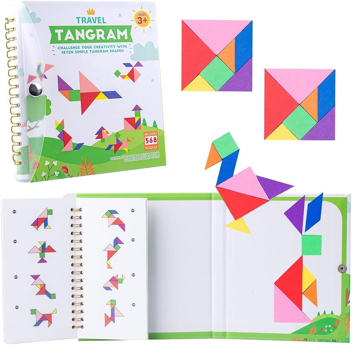 Vanmor Travel Tangram Puzzle with 2 Sets Magnetic Plate, Montessori Shape Pattern Blocks Jigsaw Road Trip Games with 368 Solution, IQ Book Educational Toy Brain Teaser Kids Adults Challenge image number 1