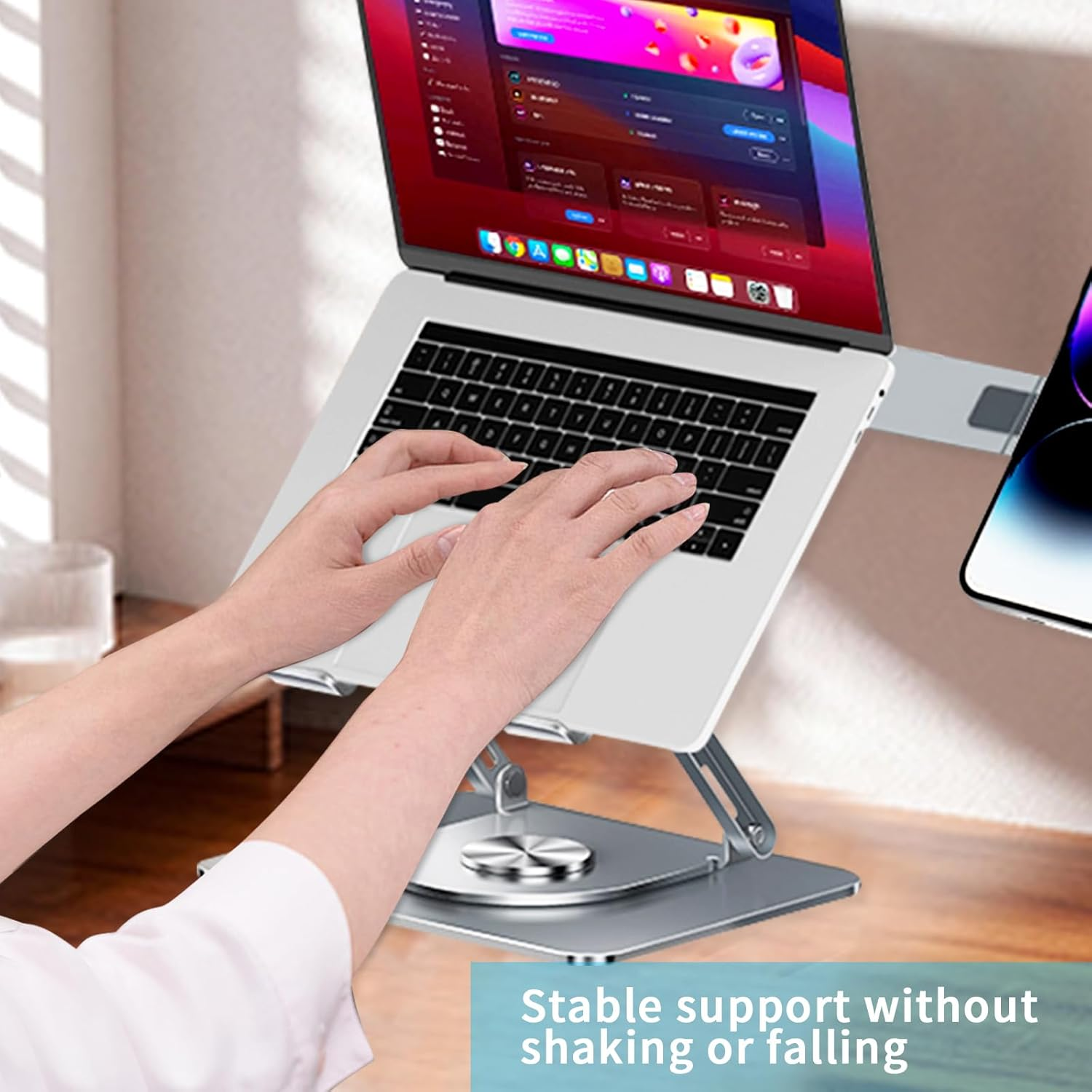 ALUCKKEY 360&deg; Rotating Laptop & Phone Stand, Heavy Duty Foldable Riser with Cooling Vents, Fits up to 17.3" Laptop, Tablet & Mobile, Compatible with Air, Pro, Dell, HP, Lenovo, Silver image number 5