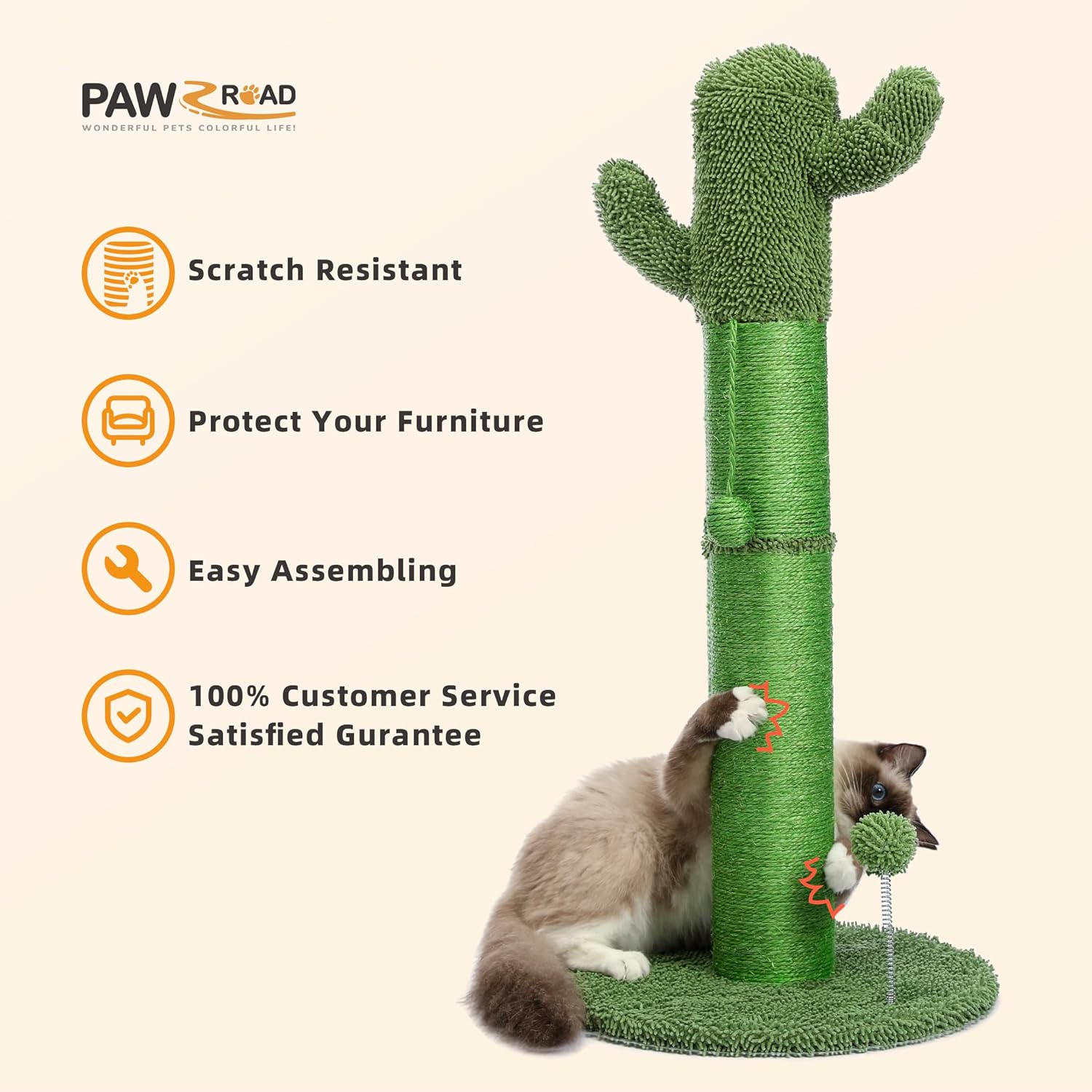 PAWZ Road Cactus Scratching Posts, Creative Scratching Posts, Stylish Cat Tree, Large with Ball H: 85Cm/33.5" Green image number 3