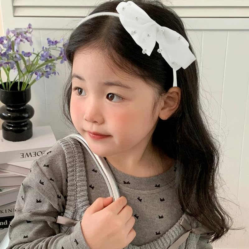 Beige Bow Headband with Pearl for Toddlers Girls Lace Veil Bowknot Hair Hoop Hairband for Girls Hair Bow Accessories Thin Adjustable Headbands No Teeth Big Knotted Bow Hair Band for Kids Girls Women image number 5