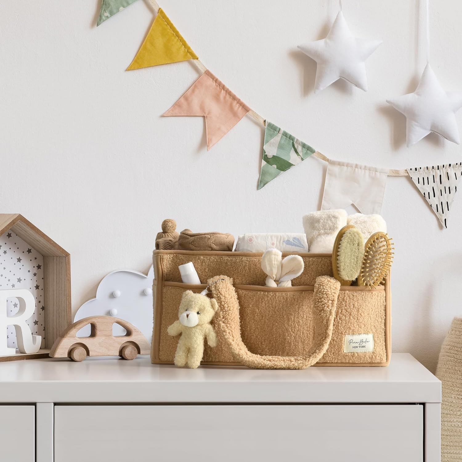 Baby Nappy Caddy Diaper Caddy Organizer, Baby Storage Basket for Diapers and Wipes (Beige Yellow, with Bear)