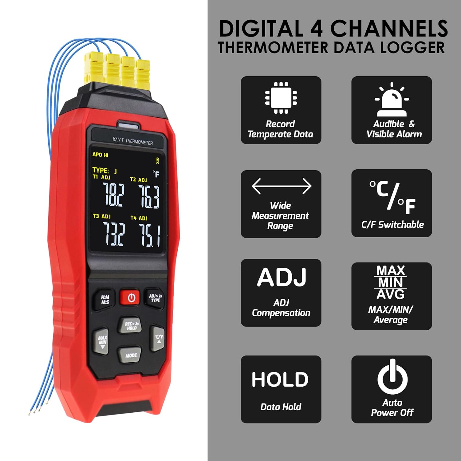 Thermocouple Thermometer Digital Data Logger Thermometer 4 Channel K/J/T Type Thermocouple Meter Temperature Meter, Temperature Logger with Sound & Light Alarm -200~1372&deg;C (-328~2501&deg;F)