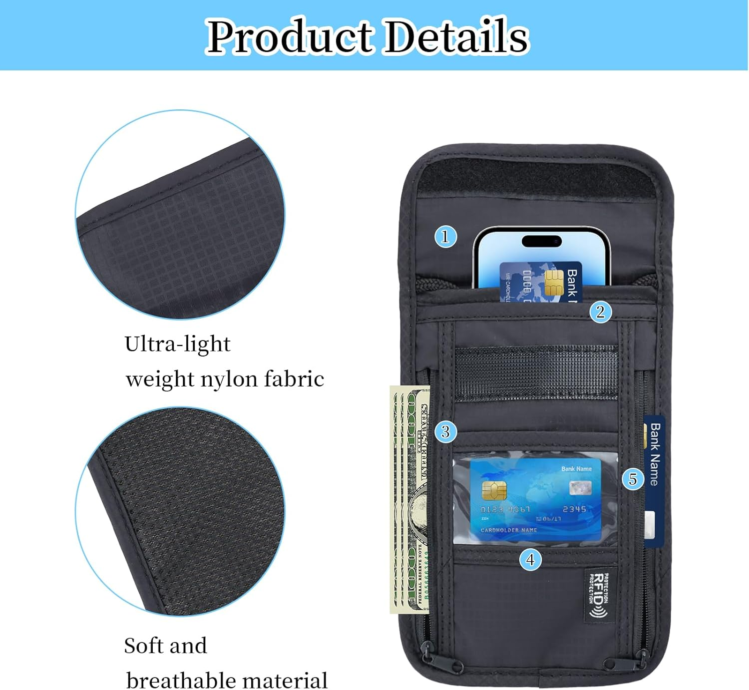 Amexo Neck Pouch, Passport Bag with RFID Protection, Mobile Phone Shoulder Bag, Men'S Anti-Theft Bag for Children, Boys, Girls, Women - Black image number 7