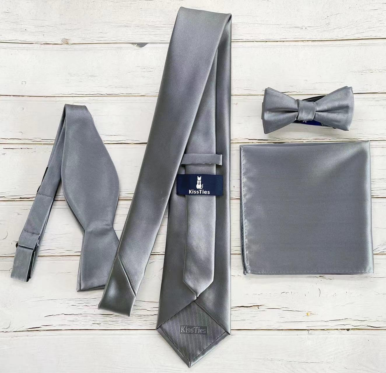 Kissties 63'' XL Ties for Men Extra Long Solid Satin Necktie + Gift Box - Gray - One Size image number 4