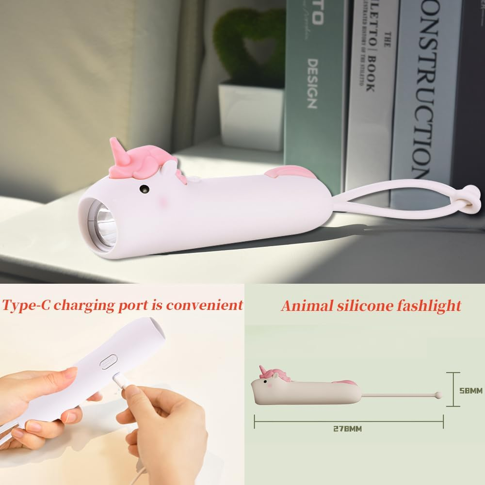 YZYOE Unicorn Rechargeable LED Flashlight, Cute Silicone Animal Shaped Flashlight, Comfortable Touch Press to Adjust Brightness Outdoor Lighting Creative Light. image number 1