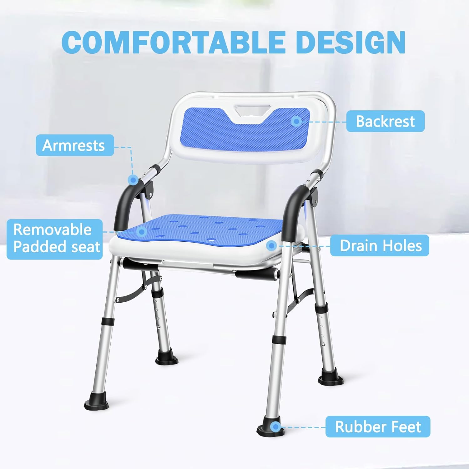 Shower Chair Adjustable U-Shaped Bath Chair Aluminum Alloy Frame Shower Stool with Back & Armrests for Elderly Disabled Bathroom, Hold up to 150 KG image number 6
