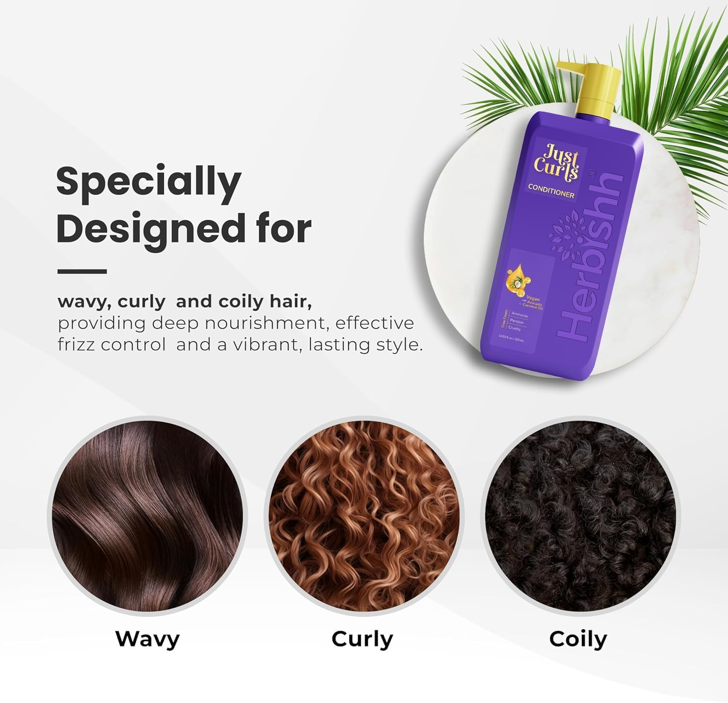 Herbishh Just Curls Vegan Conditioner for Curly Hair Products Kit Enriched with Avocado & Coconut Oil for Dry Damaged, Wavy, Curly Hair Gift Set for Women & Men (500 Ml) image number 5
