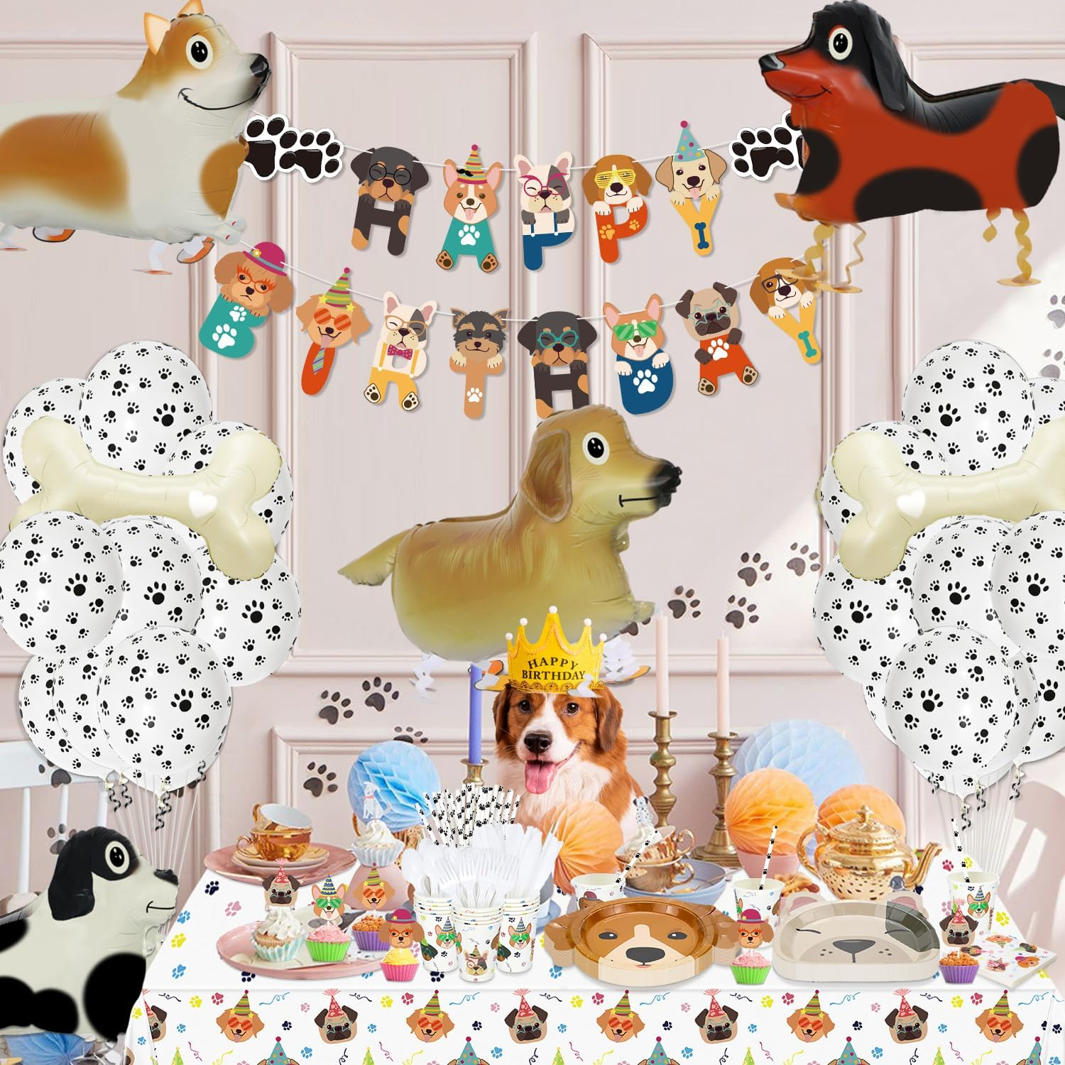 Dog Birthday Party Supplies - Cut Puppy Dog Paw Party Supplies for Doggy, Kids, Birthday Includes Plates, Cups, Napkins, Tableware, Tablecloth, Banner, Balloons, Cake Toppers - Serves 20&hellip; image number 5