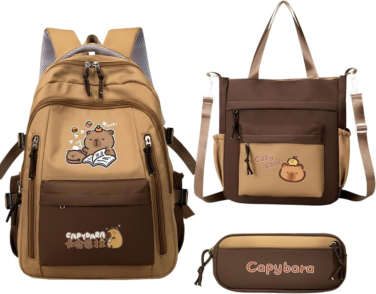 Capybara Backpack Kit,Large Capacity Capybara School Bag Set | Waterproof Bookbag Pencil Bag Kit for Laptop Tablet Daily Christmas Travel Water Bottle Books Stationery Students