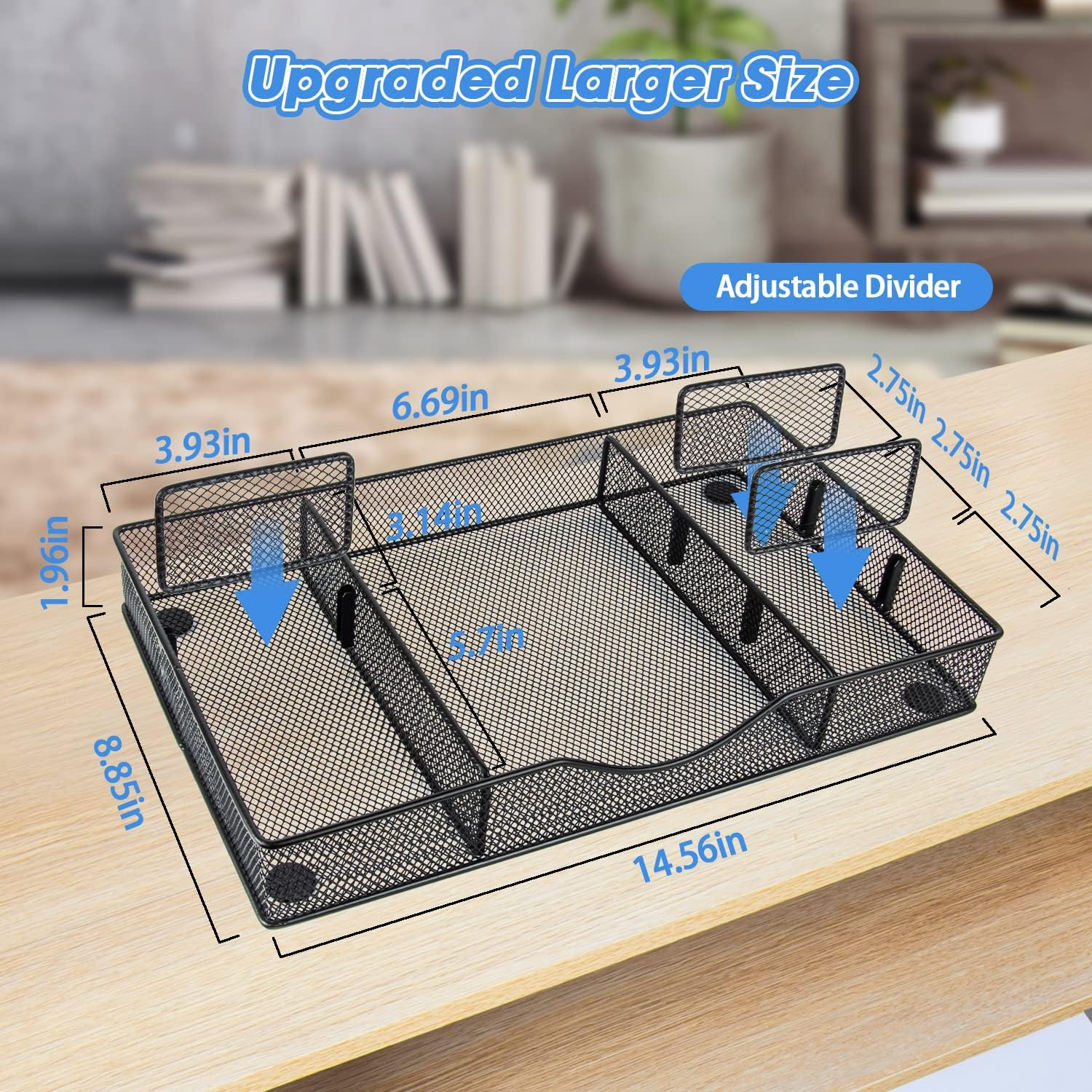 Vygrow Desk Drawer Organizer, Metal Mesh Drawer Organizer Tray with 6 Adjustable Compartment, Tray Organizer for Desktop, Kitchen, Bathroom, Makeup, Vanity - 14.5X8.8X1.96 Inch, Black, 1PC Large - Black image number 3