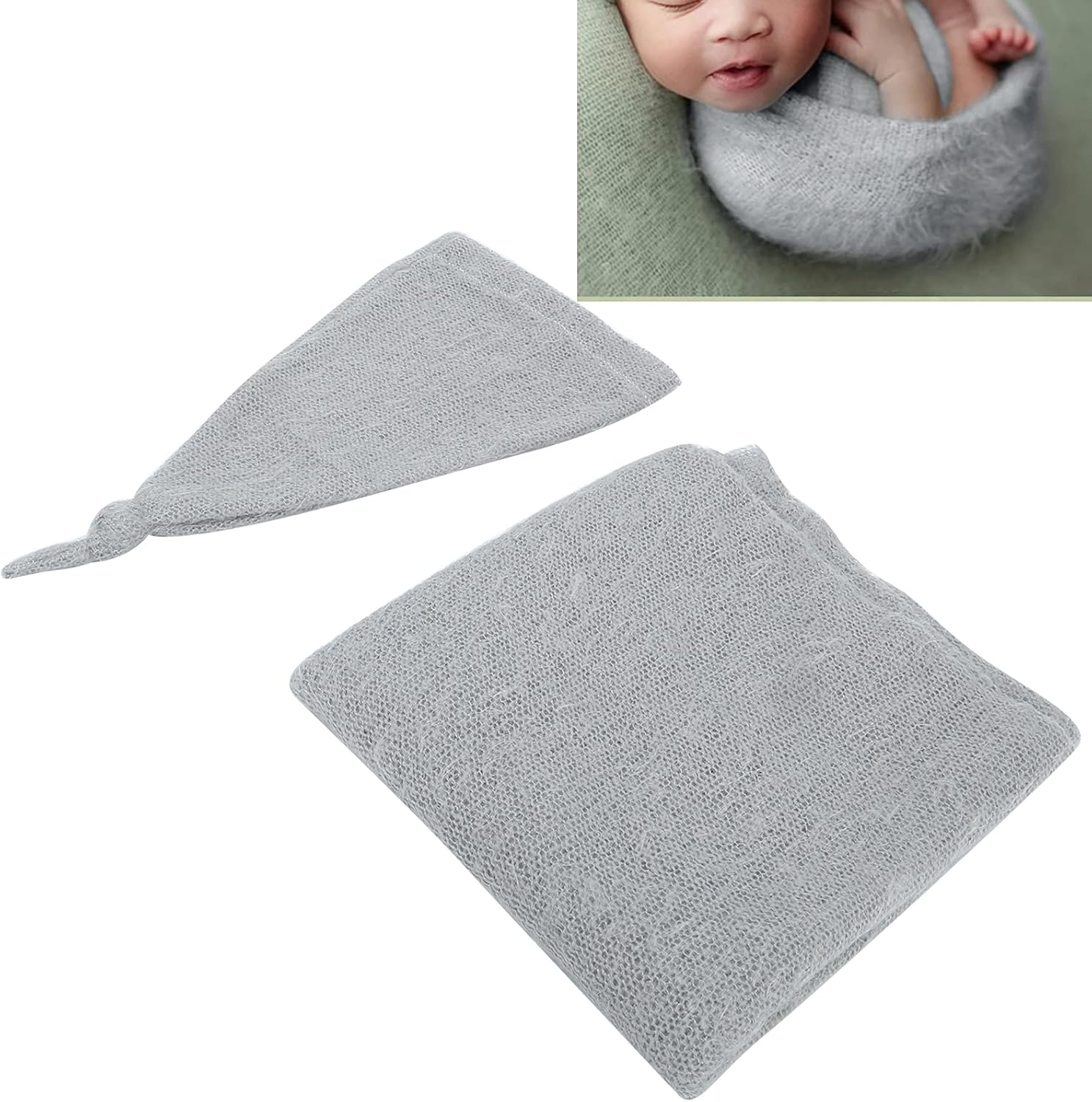 Photography Attire for Newborn Babies with a Hat and Knitting, Soft Fabric, for a Photo Shoot of the Newborn, 0-1 Months - Grey image number 5