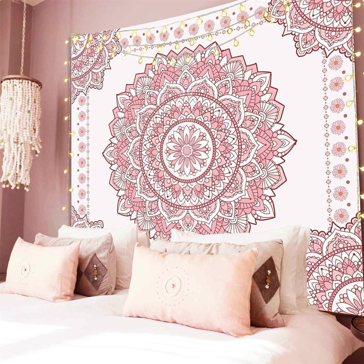 Boho Pink Mandala Wall Tapestry for Bedroom, White and Pink Aesthetic Tapestry Room Decor for Teen Girls, Extra Small Art Floral Wall Hanging for College Dorm 36X48 Inches image number 2