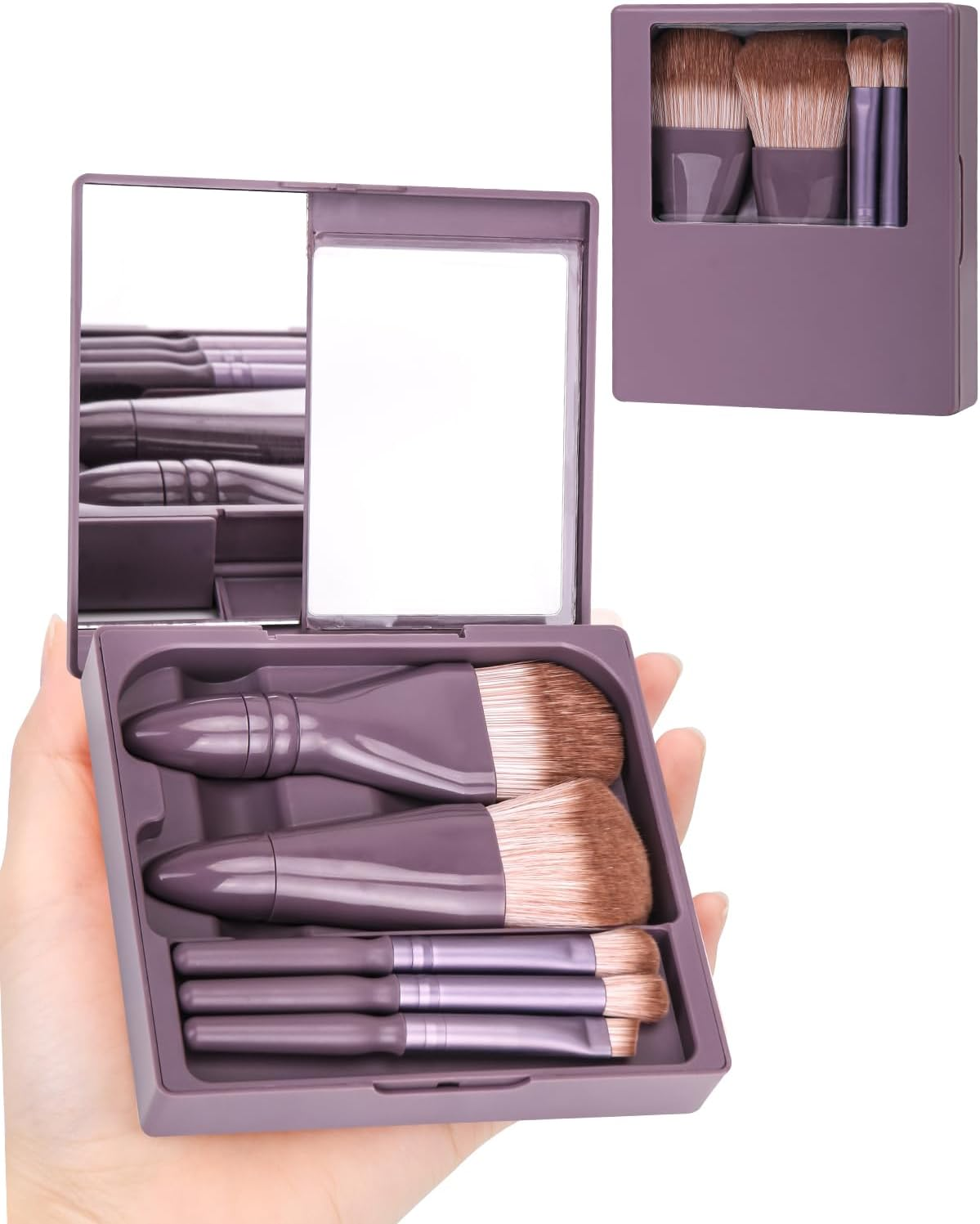 PGRODE Travel Size Makeup Brushes Mini Set with Hard Case and Built-In Mirror, 5Pcs Small Cosmetic Brushes, on the Go Brush Travel Essentials Kits for Women, Girls Gift (Dark Purple)