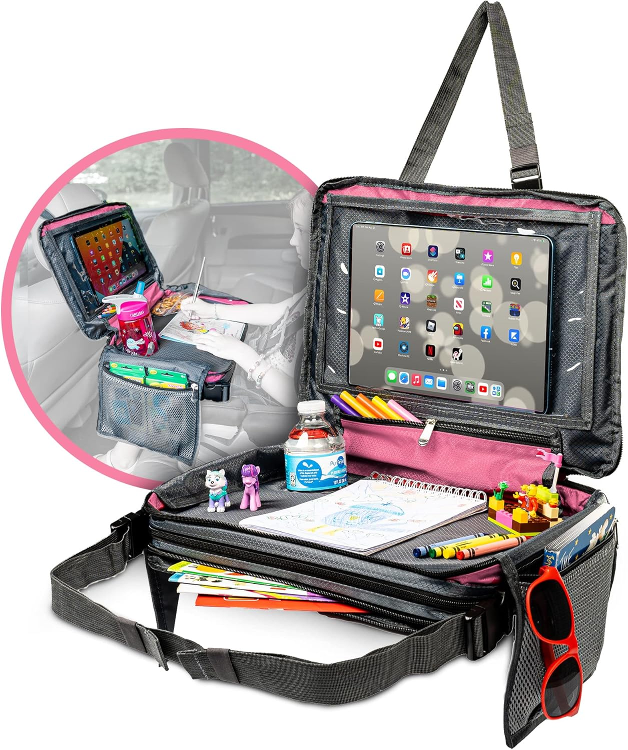 BE Family Travel Kids Car Seat Travel Tray, Car Accessories for Children, Car Seat Snack Tray, Traveling Essentials for Kids, Toddler Lap Tray for Engaging Activities, Multipurpose Design, Pink image number 5