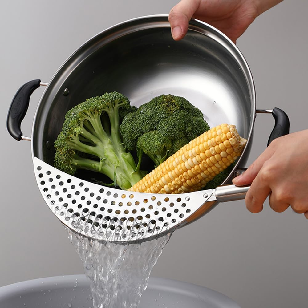 1PCS Stainless Steel Held Pot Strainer, Pasta Strainer with Handle, Insert Pan Drainers for Spaghetti Fry Noodles Fruit Vegetable Kitchen Pots Pans,Crescent Pot Strainer Stainless Insert Drainer image number 2