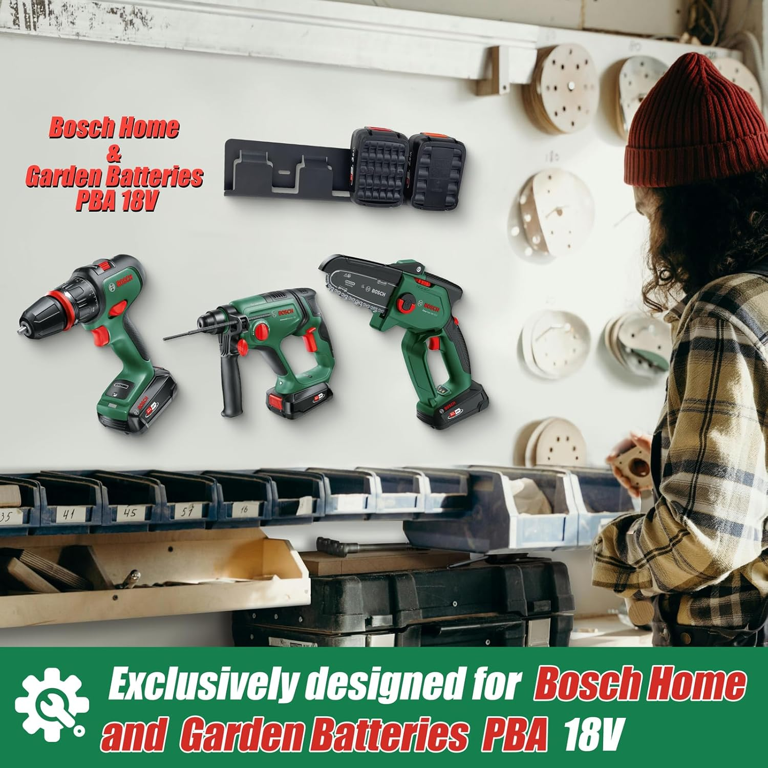 Otuiaim Wall Mount for 4 Batteries PBA 18 V Compatible with Bosch Home and Garden Drills, Reinforced Solid Steel Battery Holder Universal for Tool Battery, Mounting on Perforated Walls & Walls image number 3