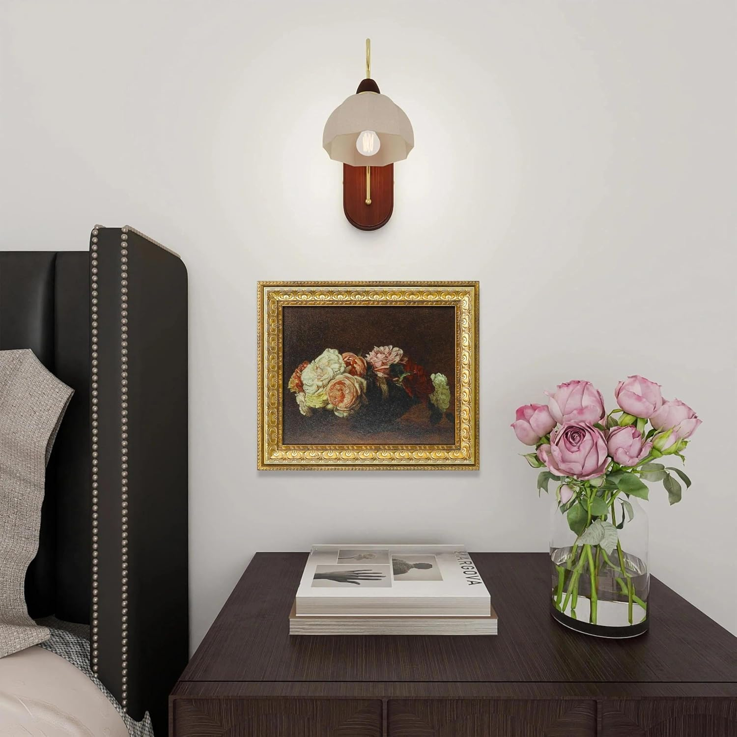 VIOLABBEY Wall Art Framed Gold, Moody Floral Dark Academia Decor, Pink Vintage Oil Painting Flowers Print Botancical Canvas, Retro Aesthetic Artwork for Living Room Bedroom Office Hallway, 8X10 Inch