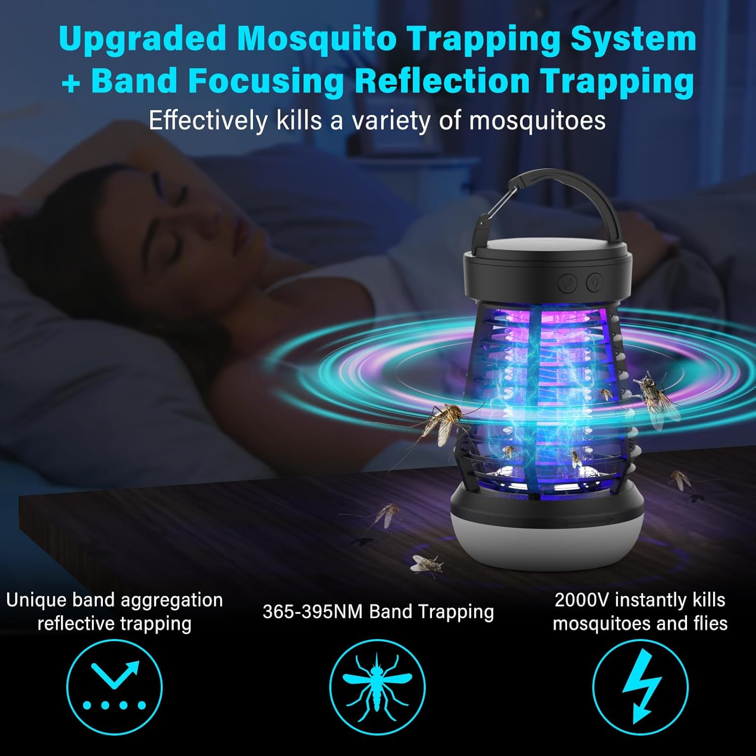 2 in 1 Rechargeable Bug Zapper & Camping Lantern, Second-Generation Dual-Band Frequency Conversion Outdoor Mosquito Killer, 2000V Portable Electric Fly Killer for Home, Garden and Camping image number 1