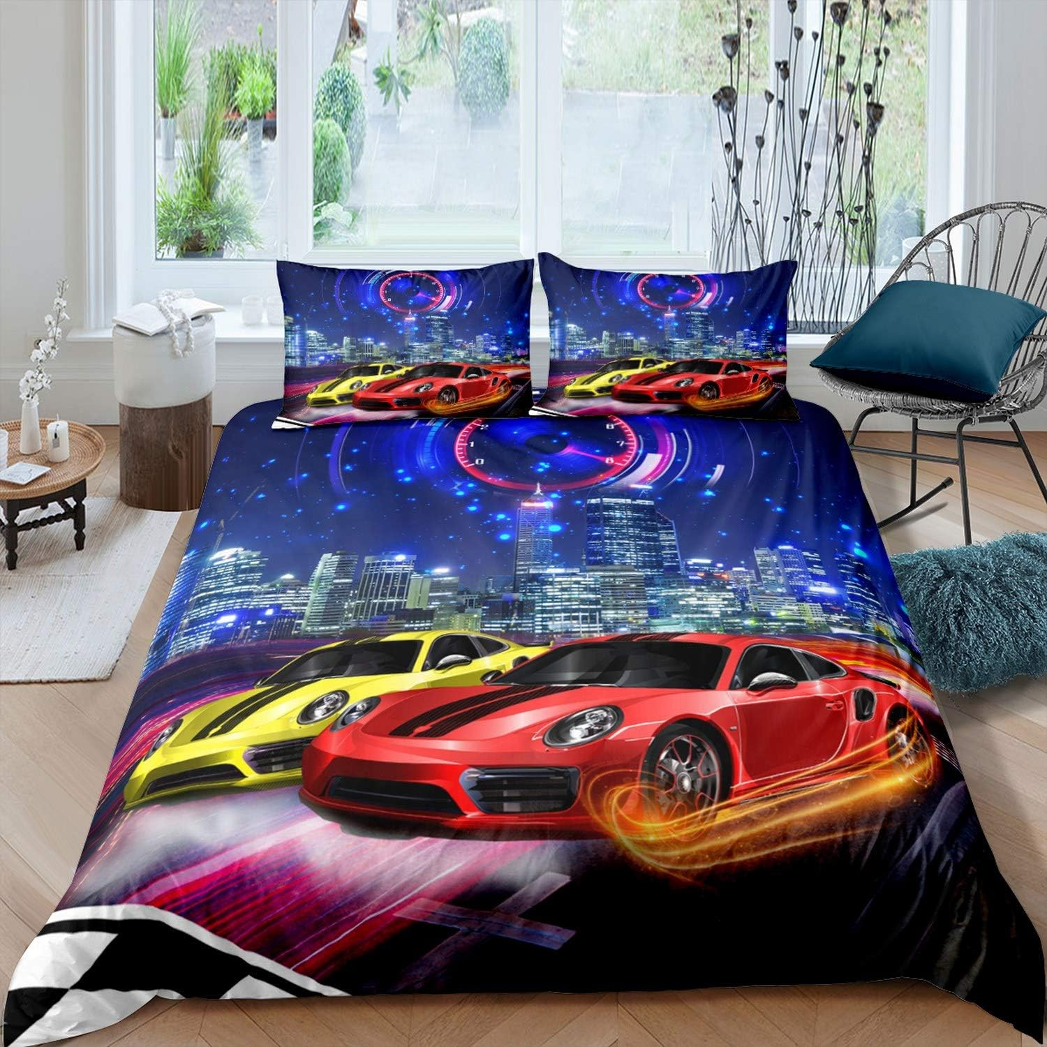 Sports Car Comforter Cover Single Extreme Sports Theme Duvet Cover for Kids Boys Teens Cityscape Racing Car Bedding Set Automobile Style Quilt Cover Luxury Modern Room Decor Bedding Blue Red Yellow image number 6