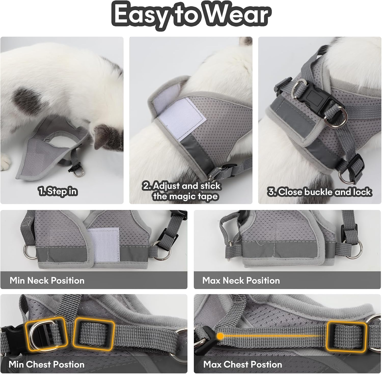 Adjustable Cat Harness, Escape Proof, Adjustable Cat Harness with Lead, Soft Inner Lining and Breathable Mesh, Reflective Harness Set for Outdoor Training, Walking, XS (Grey) image number 5