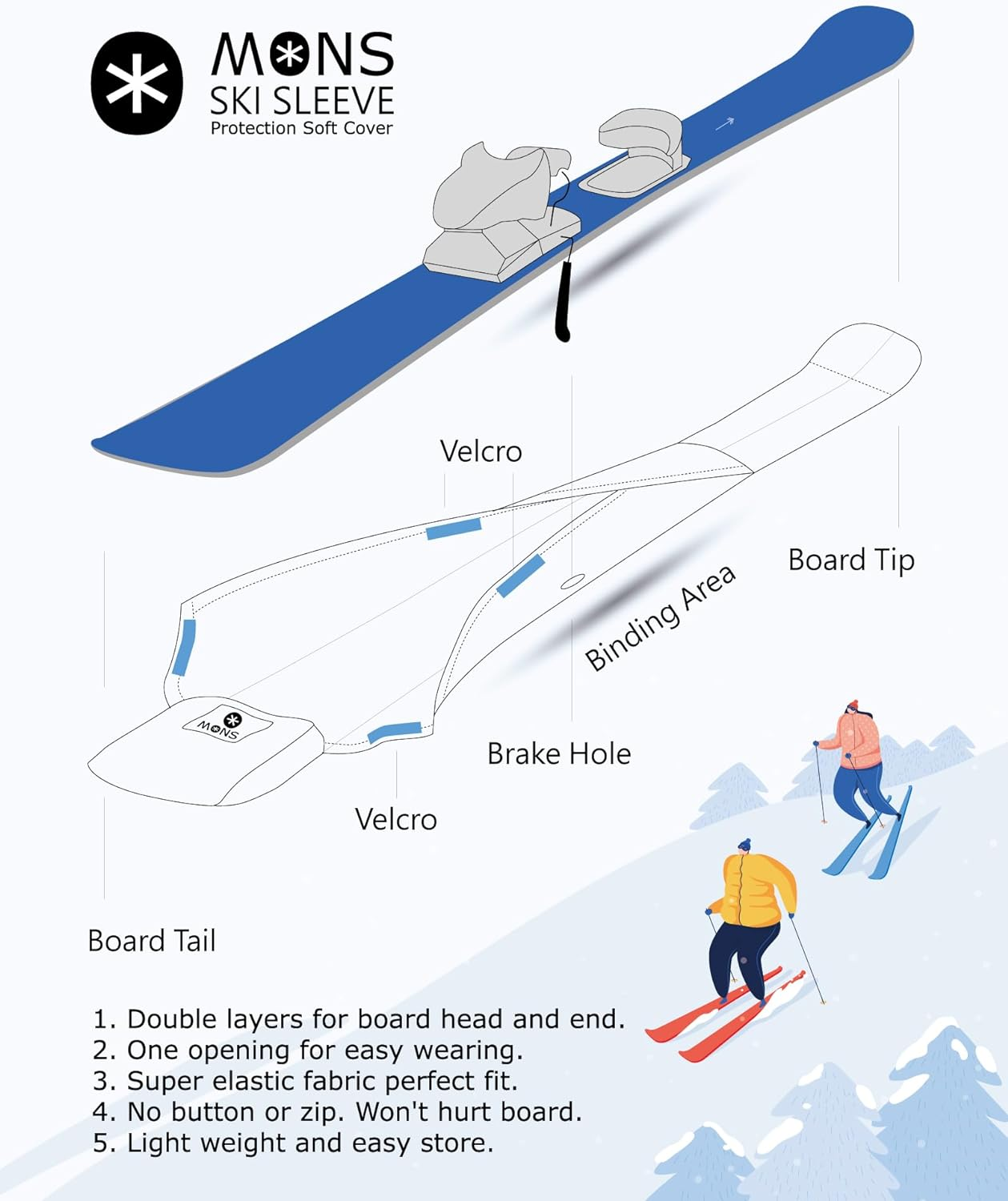 MONS Snow Skis Protection Fabric Soft Sleeve Cover Wide Open Easy Pack image number 5