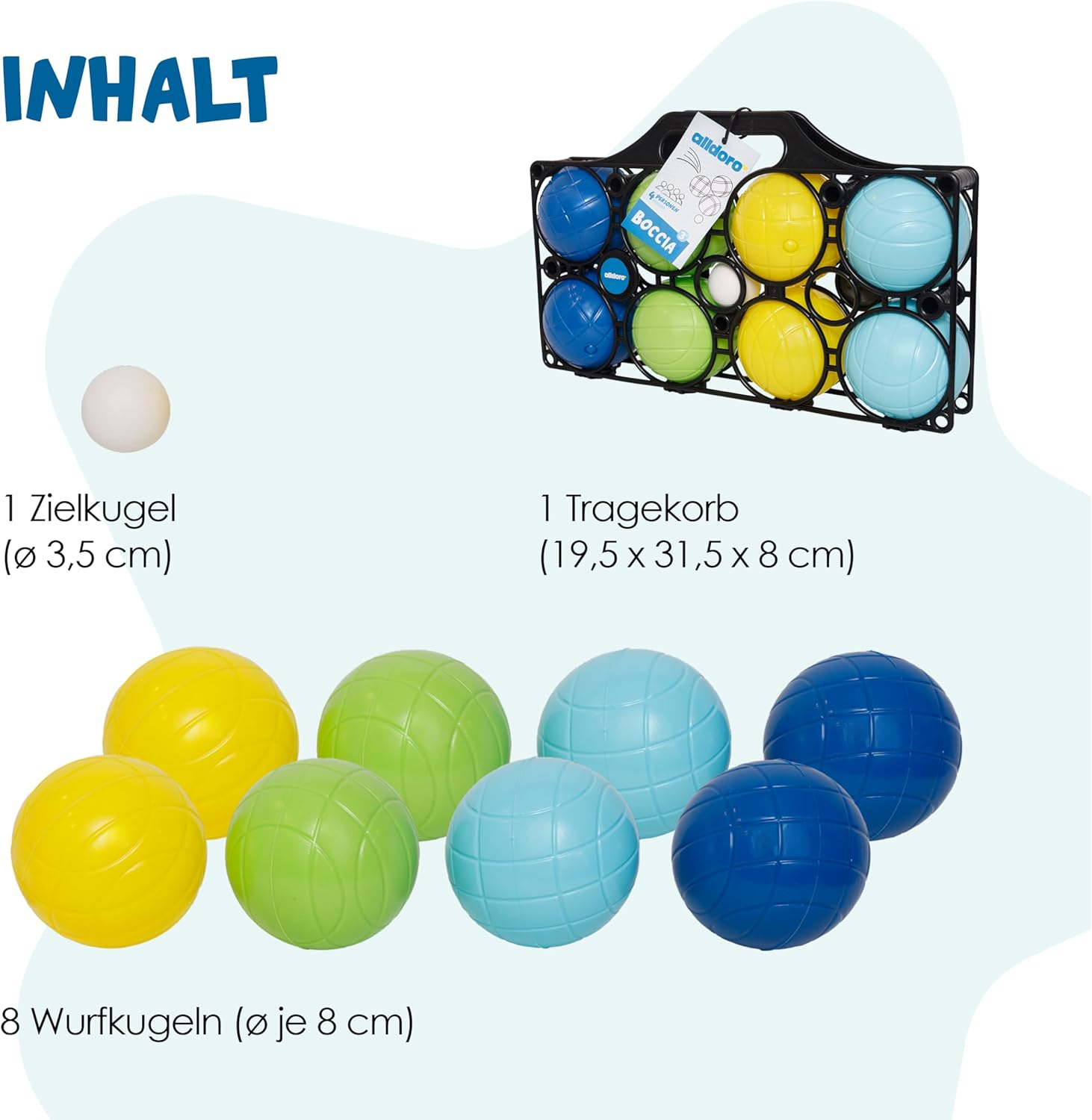 Alldoro 60044 Boccia Children'S Play Set 9 Pieces - Plastic - 8 Balls in 4 Colours + Target Ball and Case - for Outdoor Use image number 1