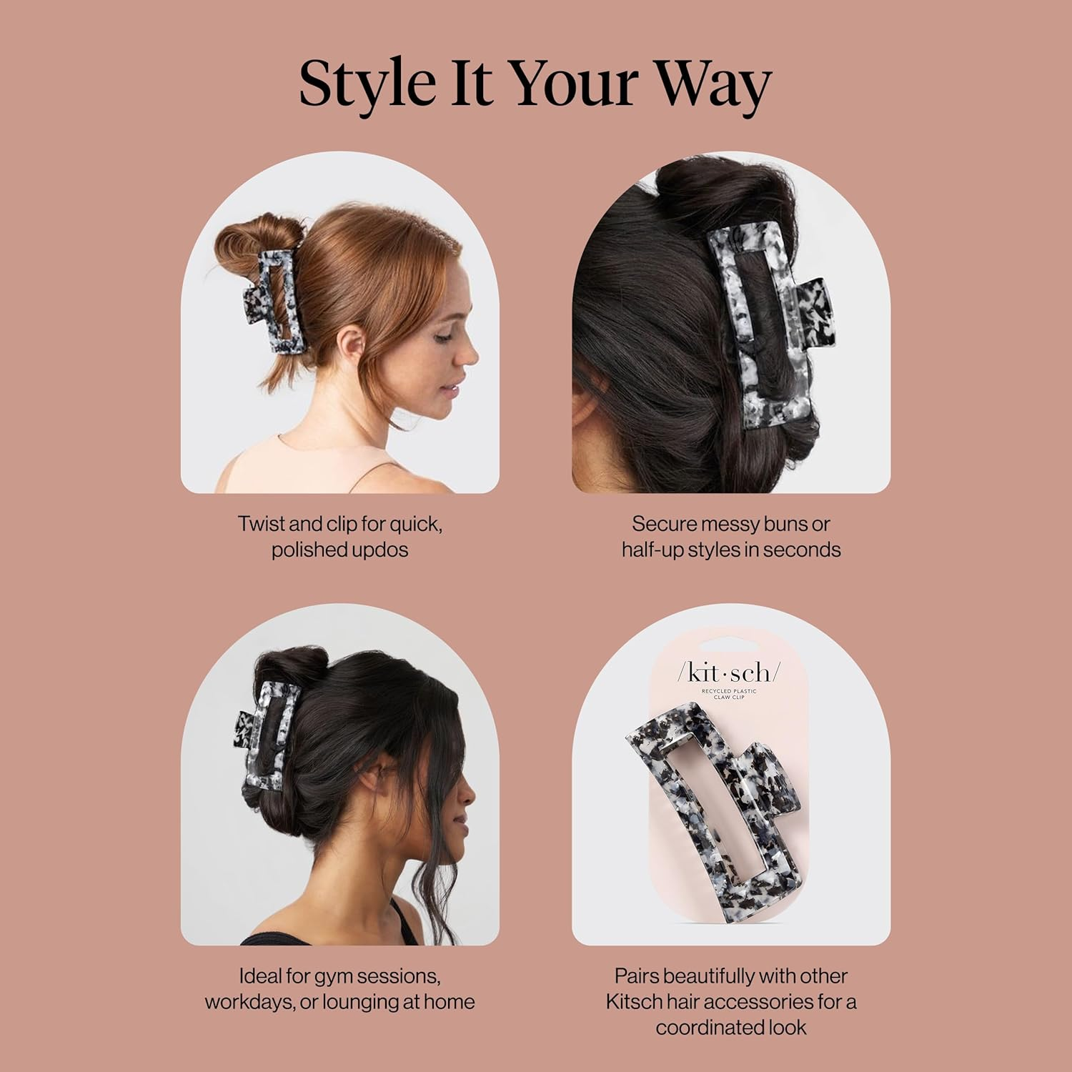 Kitsch Recycled Plastic Large Claw Clip, Big Open Shape Hair Clips for Women, Large Hair Claw Clips & Jaw Clips, Big Claw Clips for Thick Hair, Claw Hair Clips for Girls (1Pc, Black) - Leopard Print image number 5